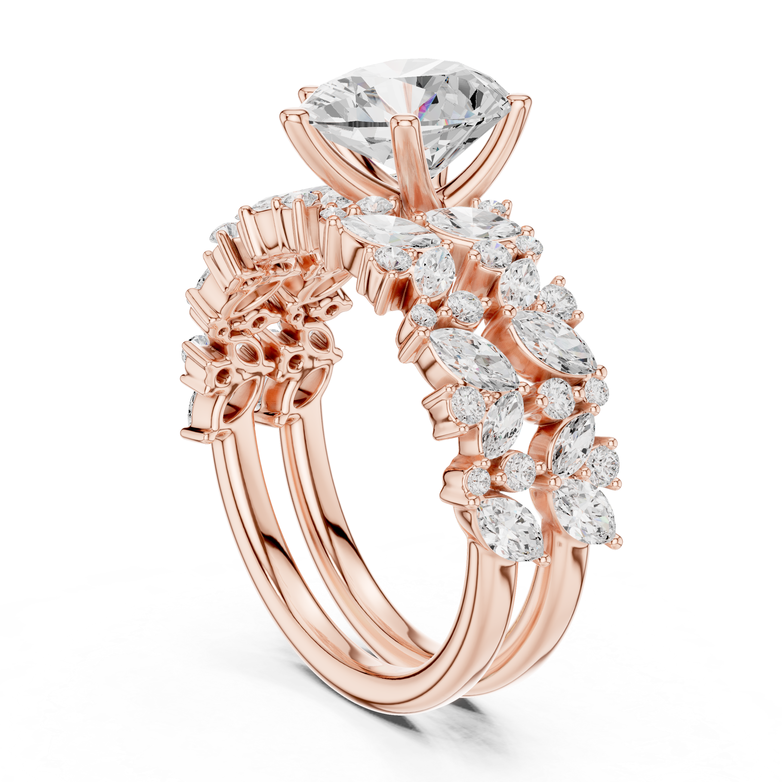 Luxury Pear Cut Floral Diamond Bridal Ring Set with Double Marquise Diamond Bands