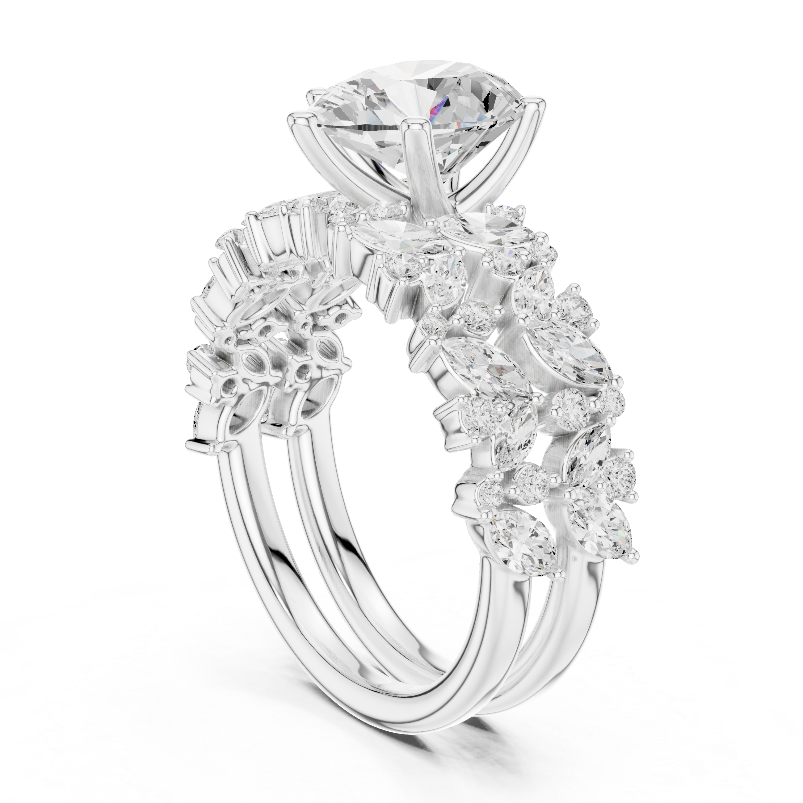 Luxury Pear Cut Floral Diamond Bridal Ring Set with Double Marquise Diamond Bands