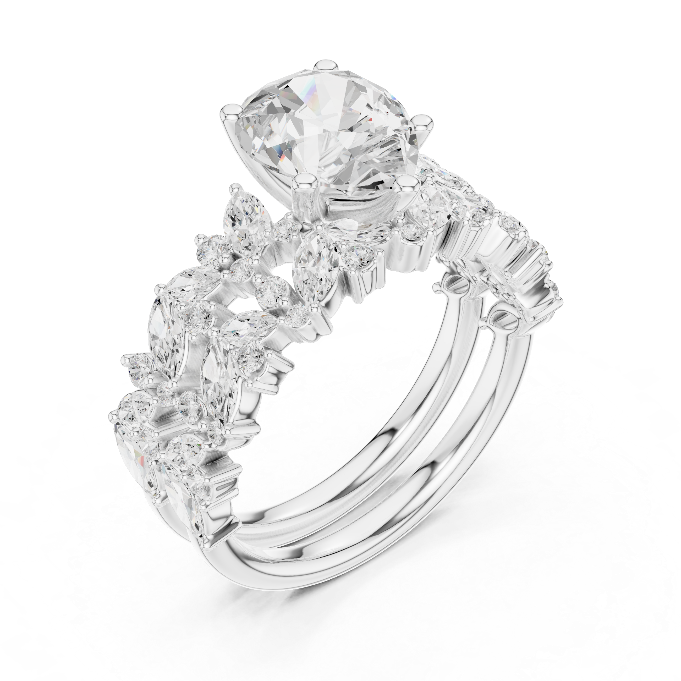 Luxury Pear Cut Floral Diamond Bridal Ring Set with Double Marquise Diamond Bands