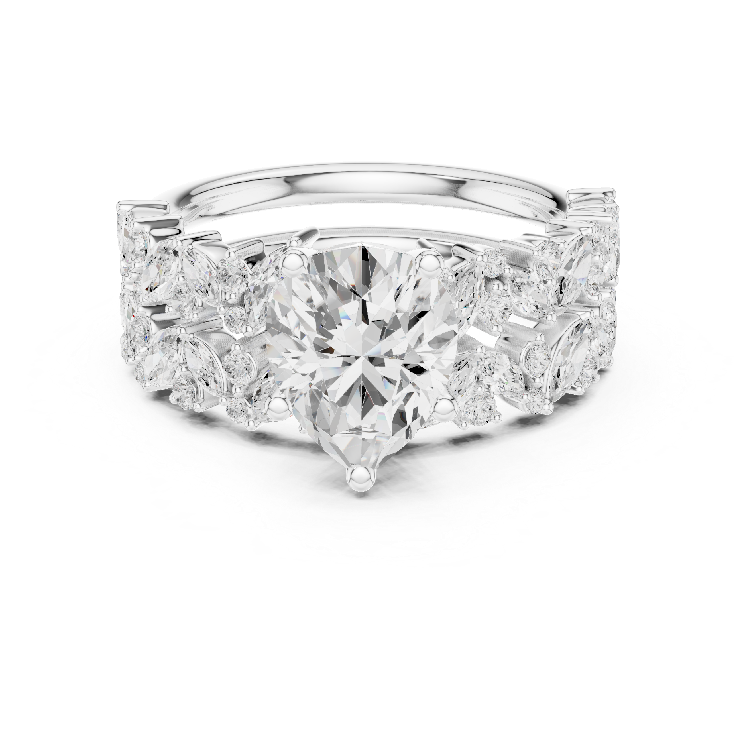 Luxury Pear Cut Floral Diamond Bridal Ring Set with Double Marquise Diamond Bands