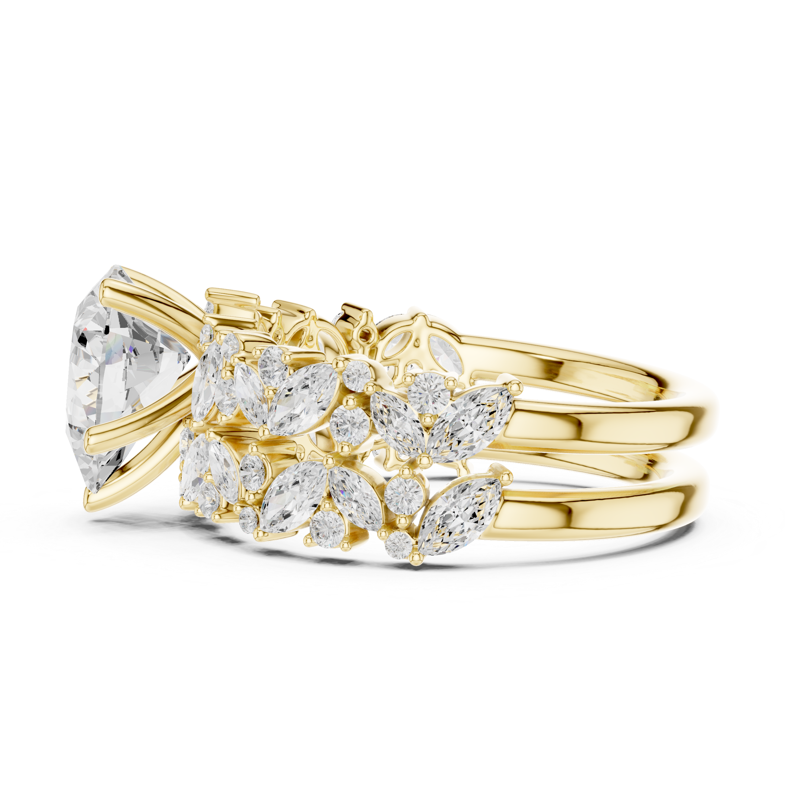 Luxury Pear Cut Floral Diamond Bridal Ring Set with Double Marquise Diamond Bands