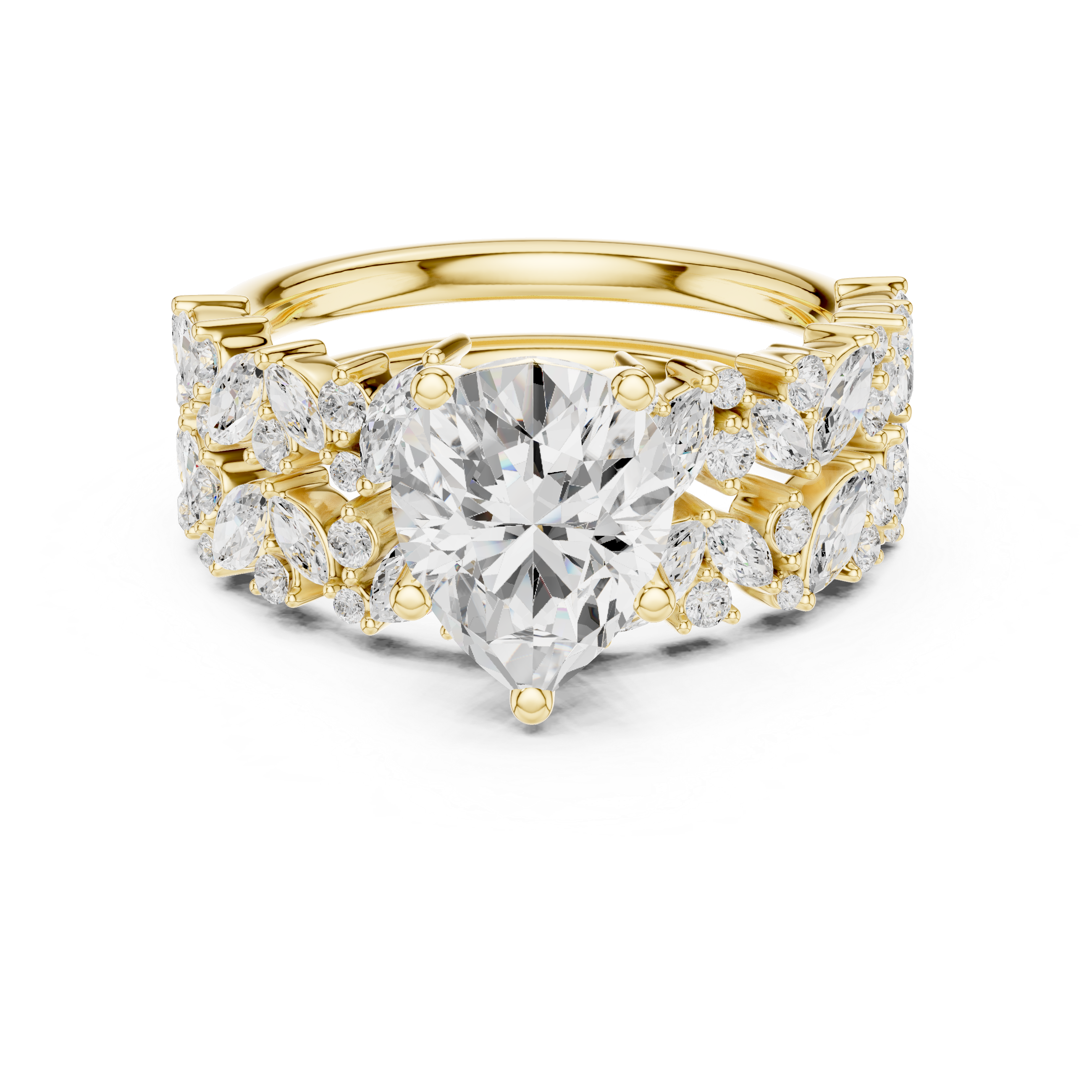 Luxury Pear Cut Floral Diamond Bridal Ring Set with Double Marquise Diamond Bands