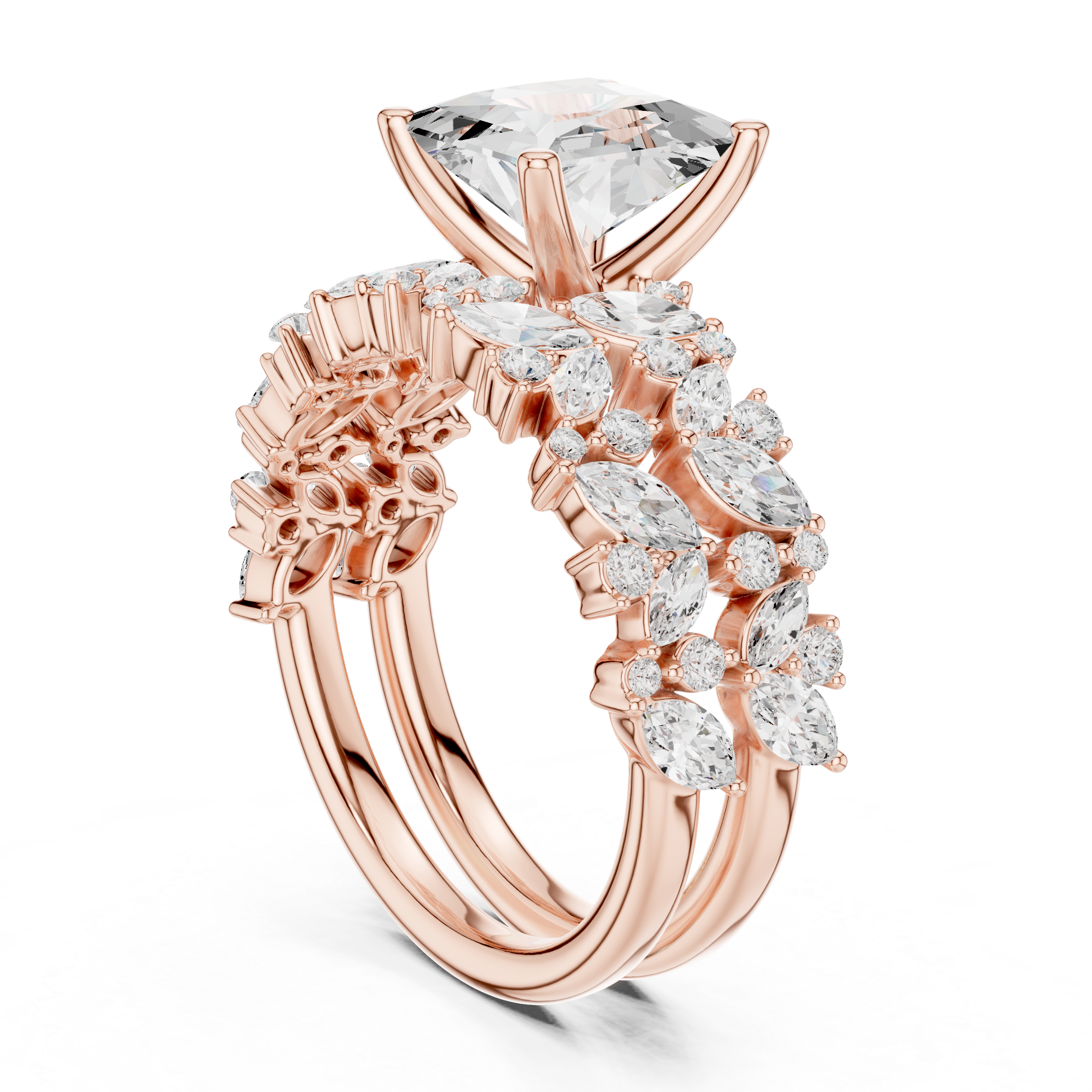 Luxury Princess Cut Floral Diamond Bridal Ring Set with Double Marquise Diamond Bands