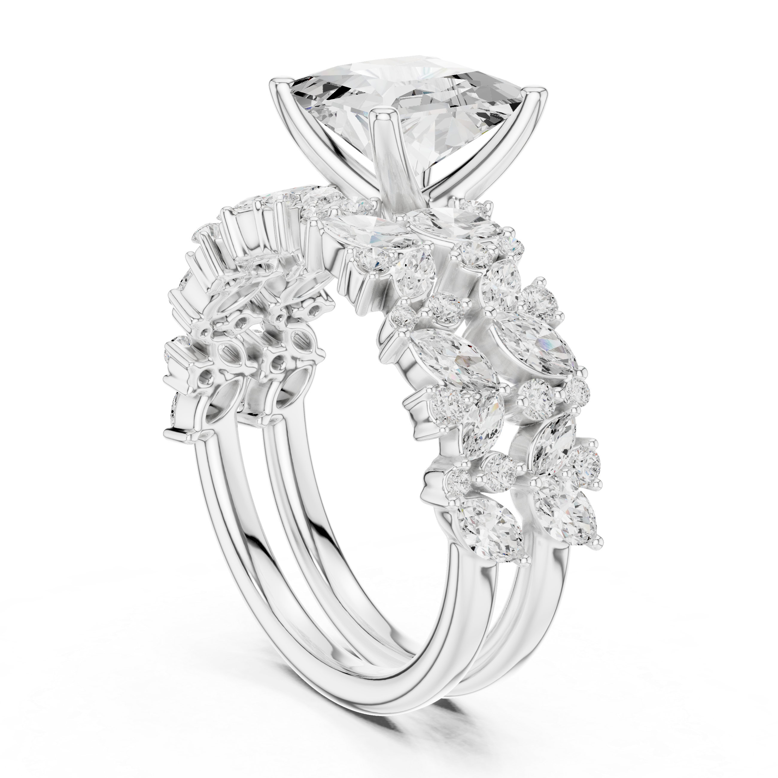Luxury Princess Cut Floral Diamond Bridal Ring Set with Double Marquise Diamond Bands