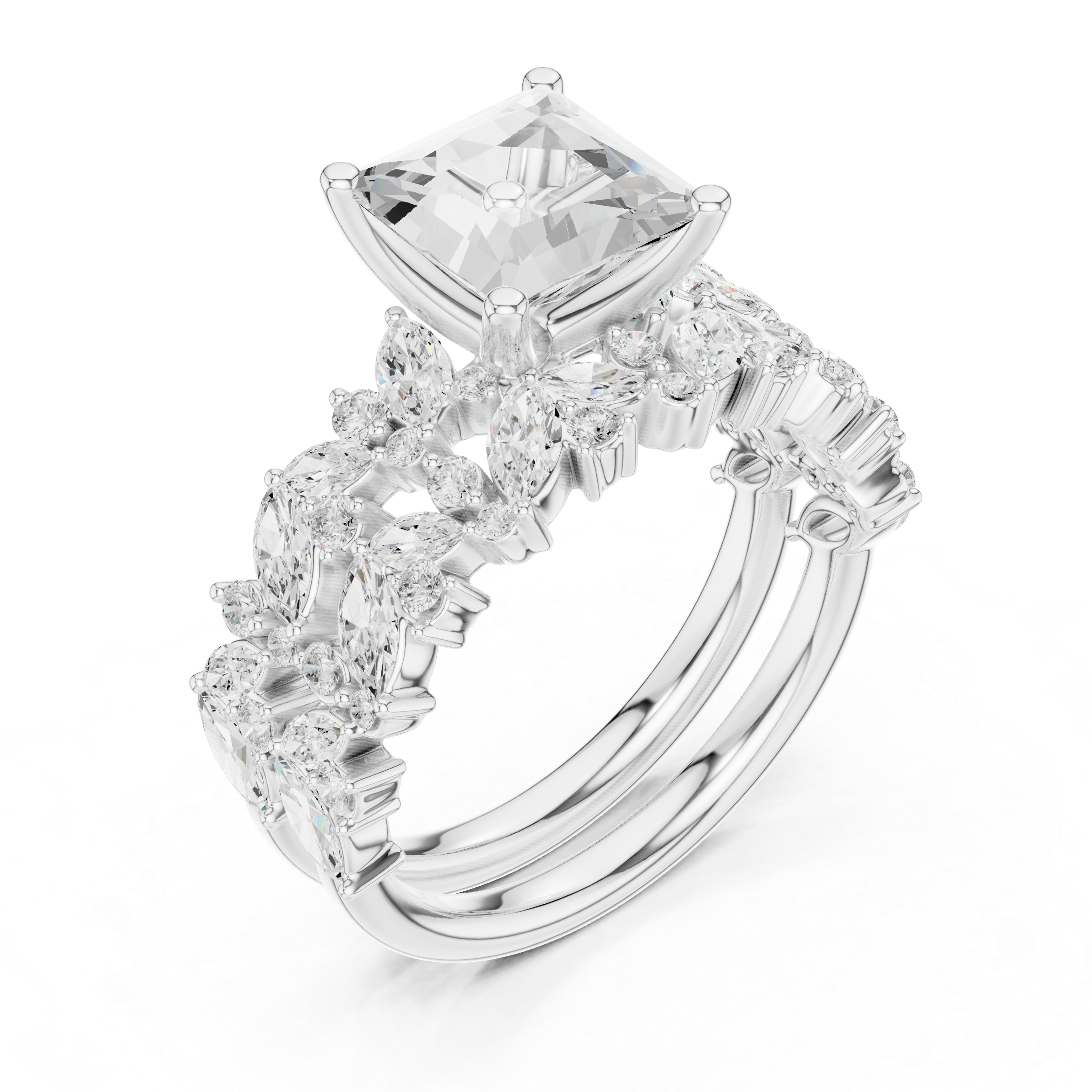 Luxury Princess Cut Floral Diamond Bridal Ring Set with Double Marquise Diamond Bands