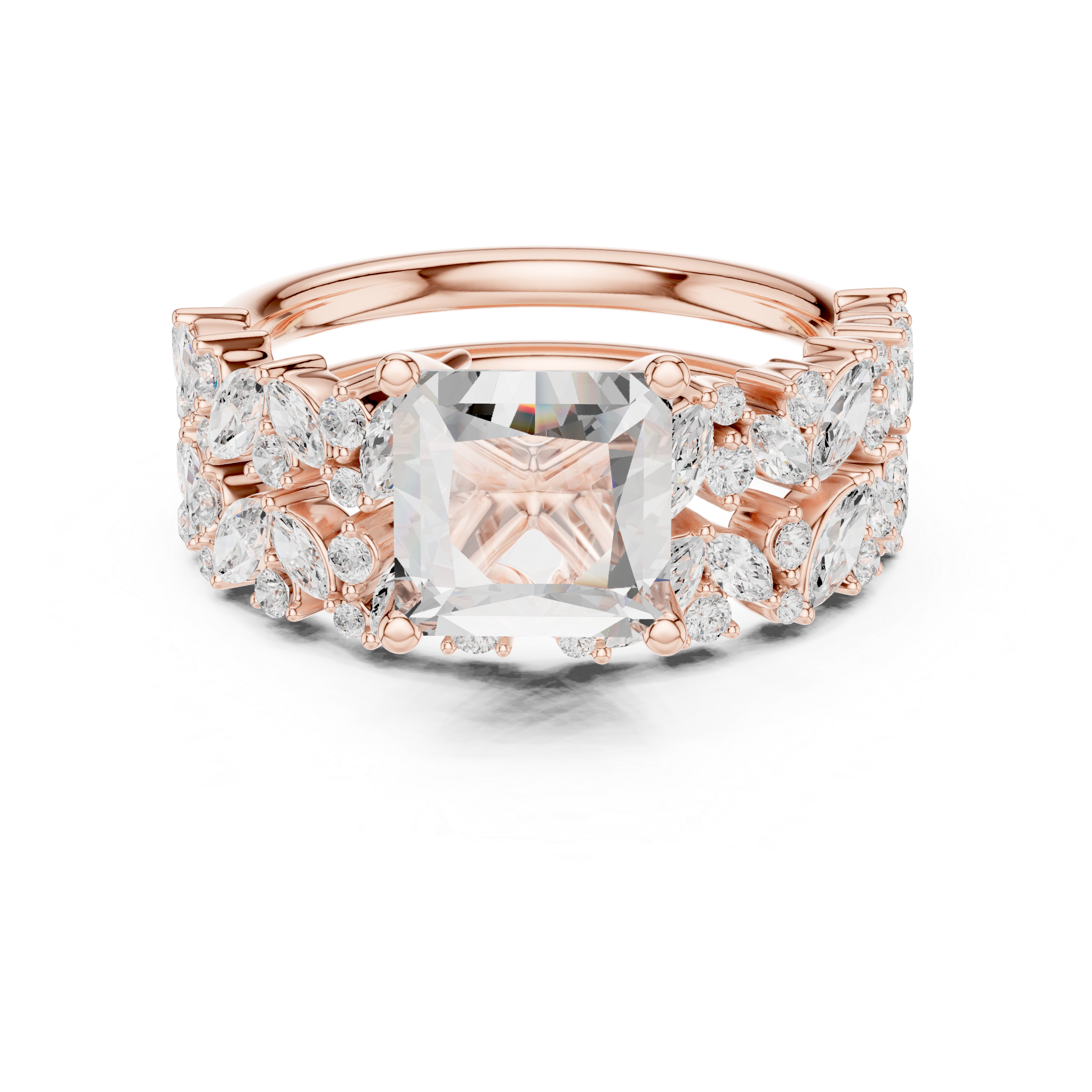 Luxury Princess Cut Floral Diamond Bridal Ring Set with Double Marquise Diamond Bands