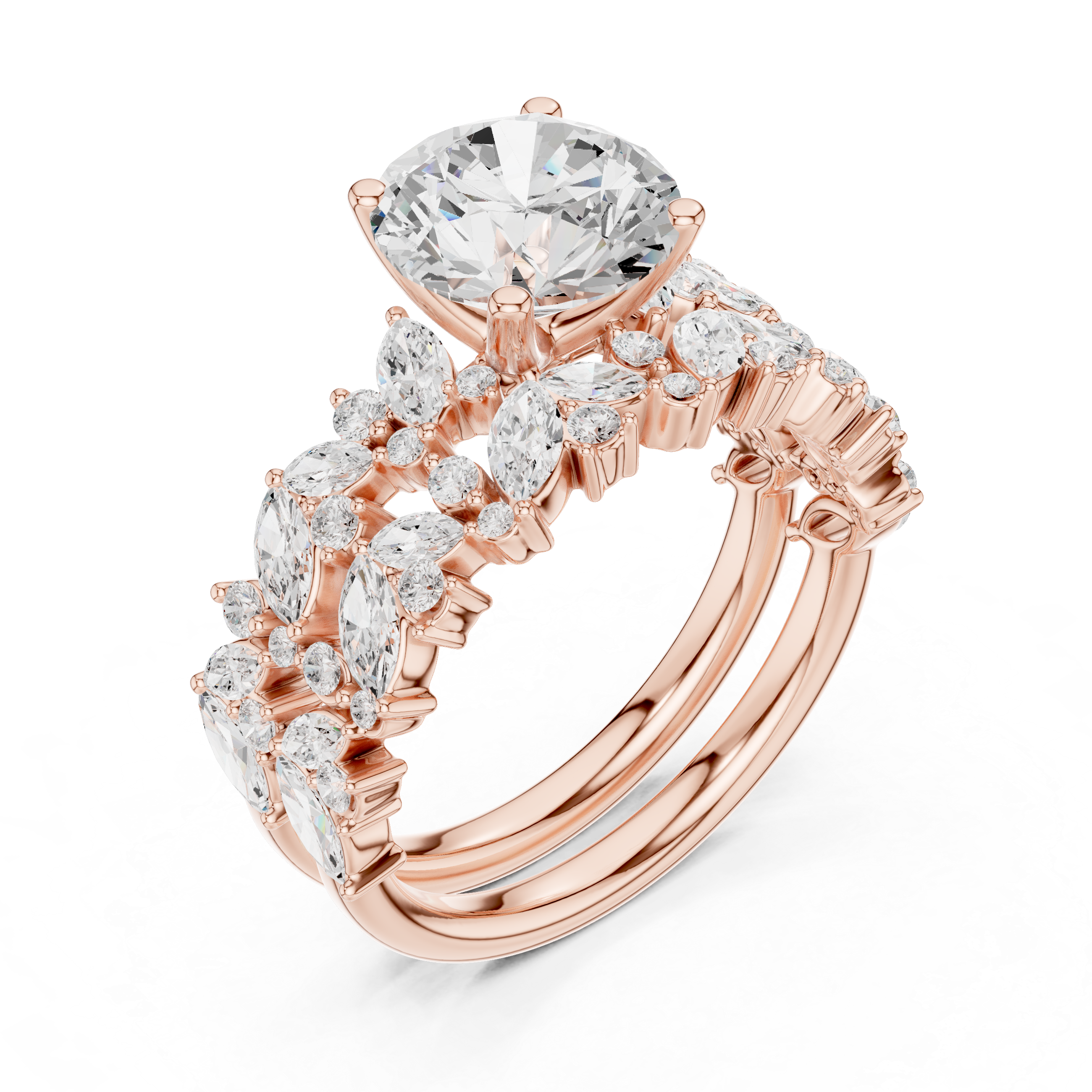 Luxury Round Cut Floral Diamond Bridal Ring Set with Marquise Cluster Bands
