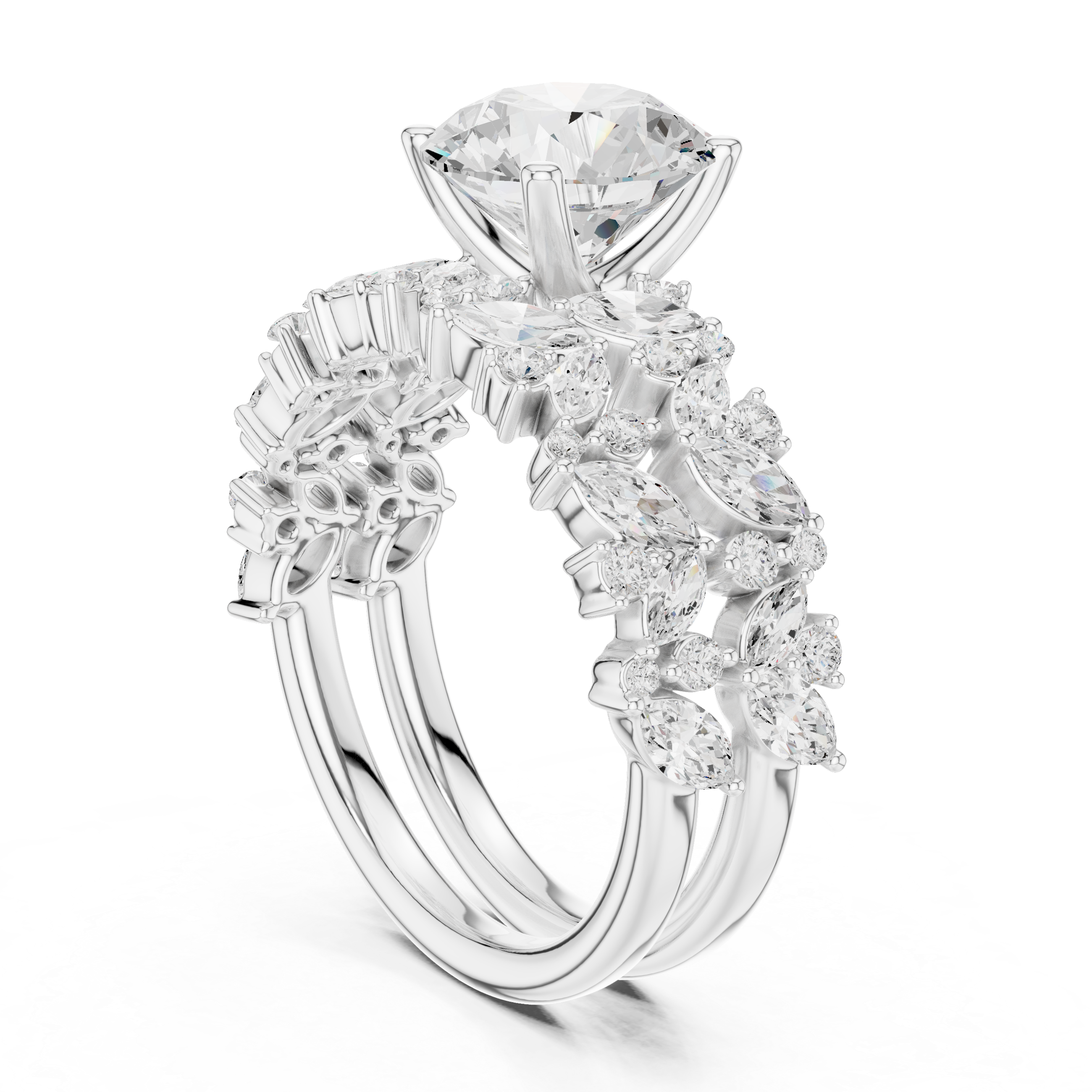 Luxury Round Cut Floral Diamond Bridal Ring Set with Marquise Cluster Bands