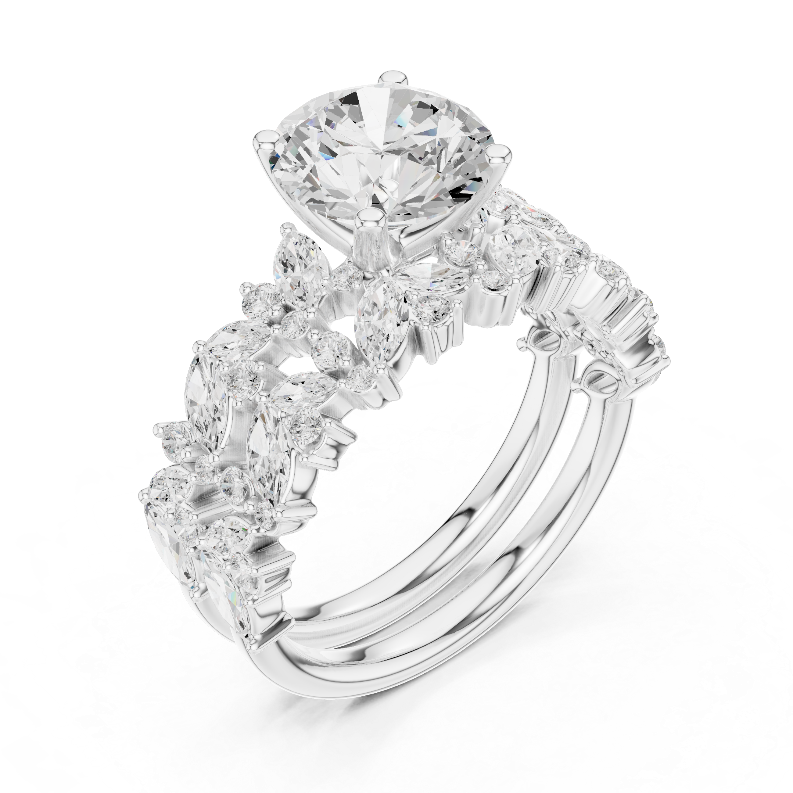Luxury Round Cut Floral Diamond Bridal Ring Set with Marquise Cluster Bands