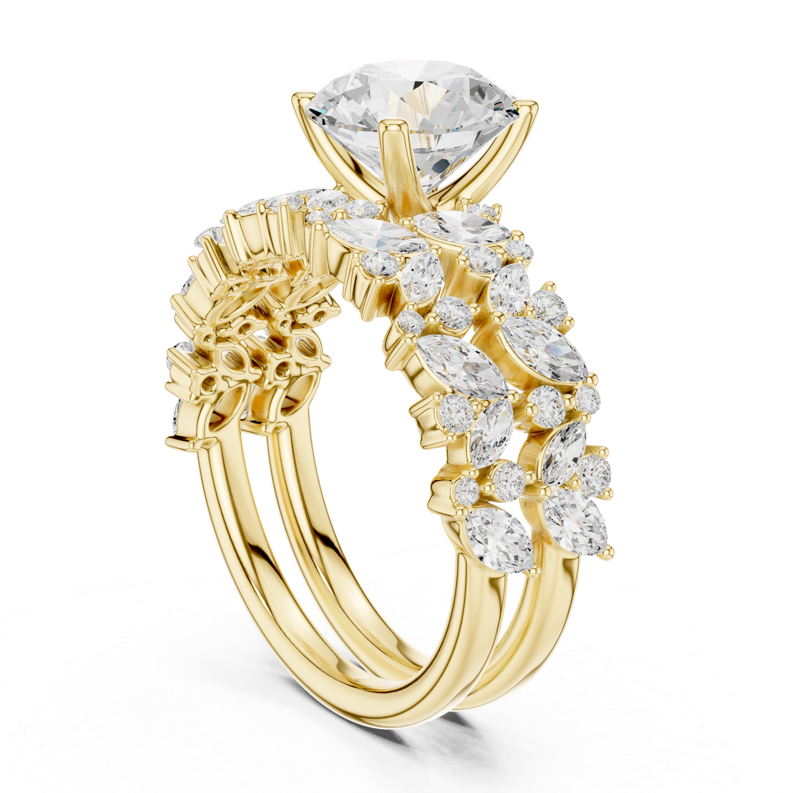 Luxury Round Cut Floral Diamond Bridal Ring Set with Marquise Cluster Bands