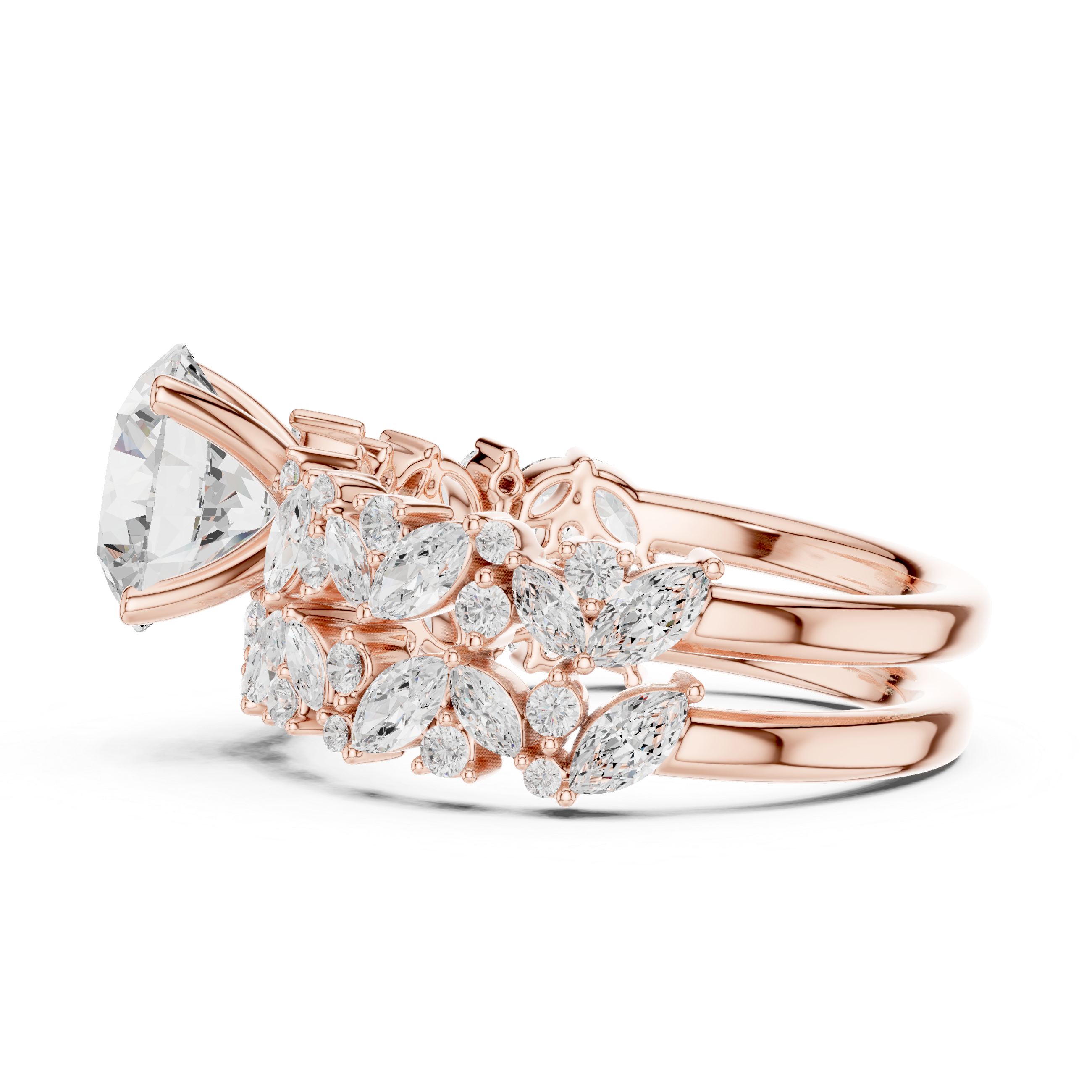 Luxury Round Cut Floral Diamond Bridal Ring Set with Marquise Cluster Bands