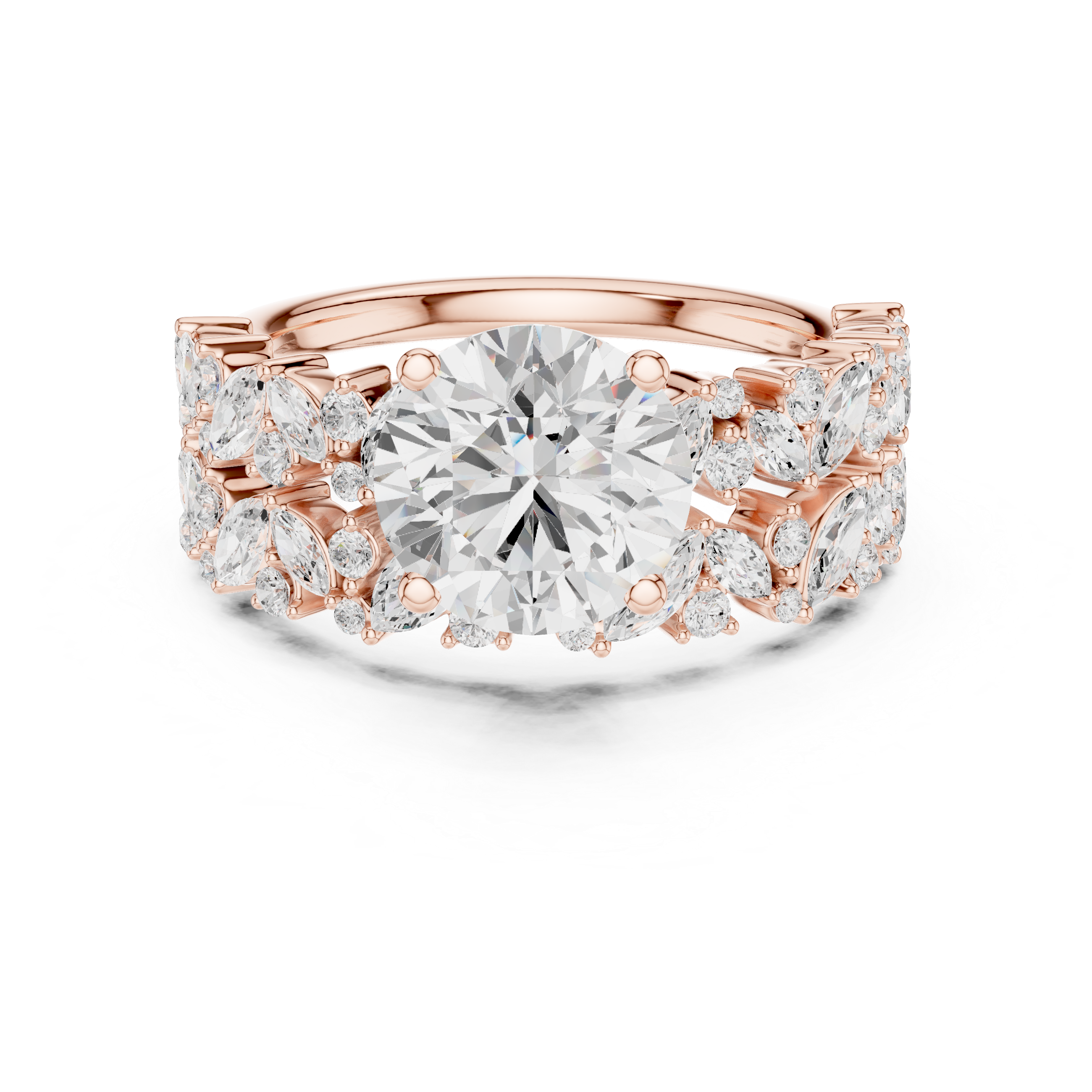 Luxury Round Cut Floral Diamond Bridal Ring Set with Marquise Cluster Bands