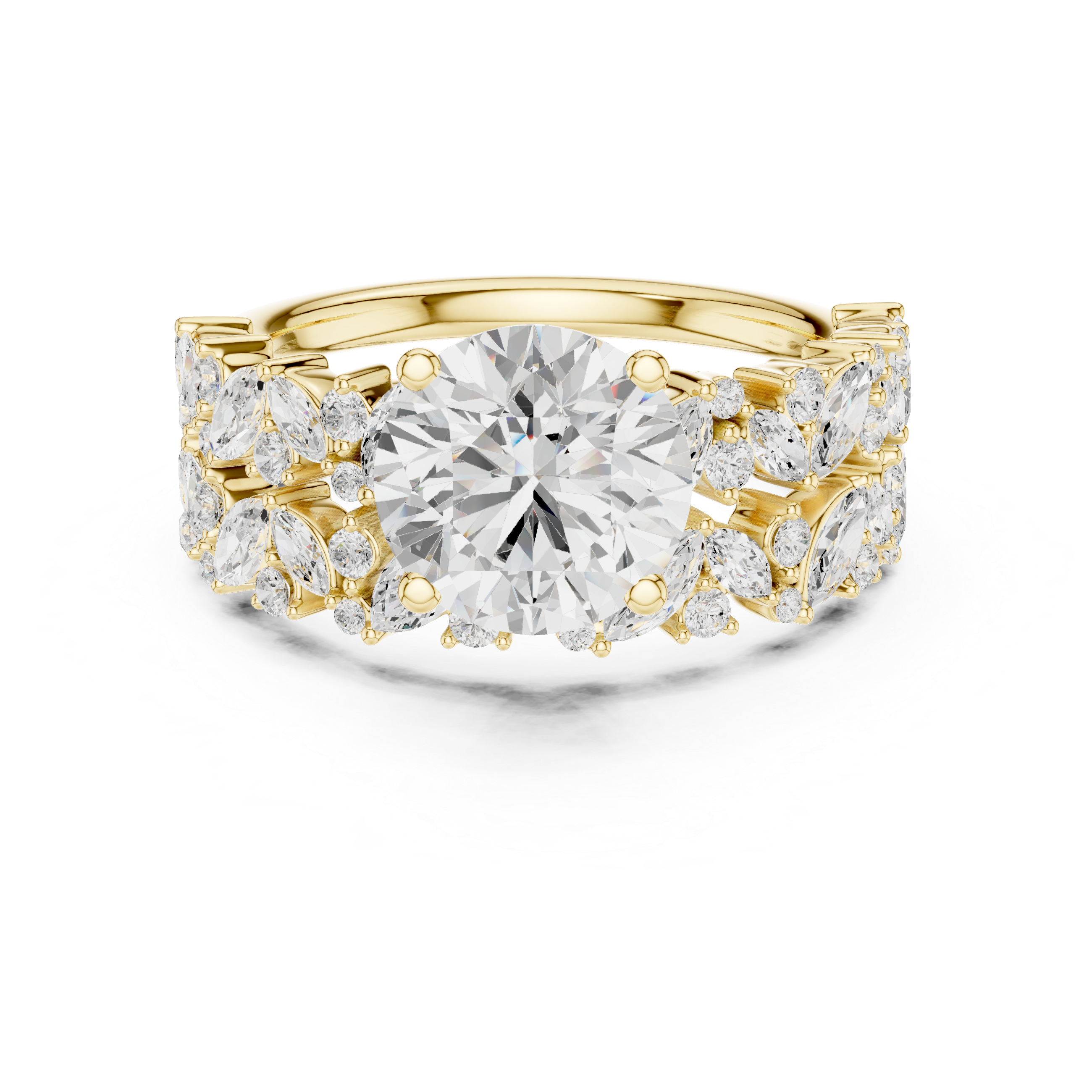 Luxury Round Cut Floral Diamond Bridal Ring Set with Marquise Cluster Bands