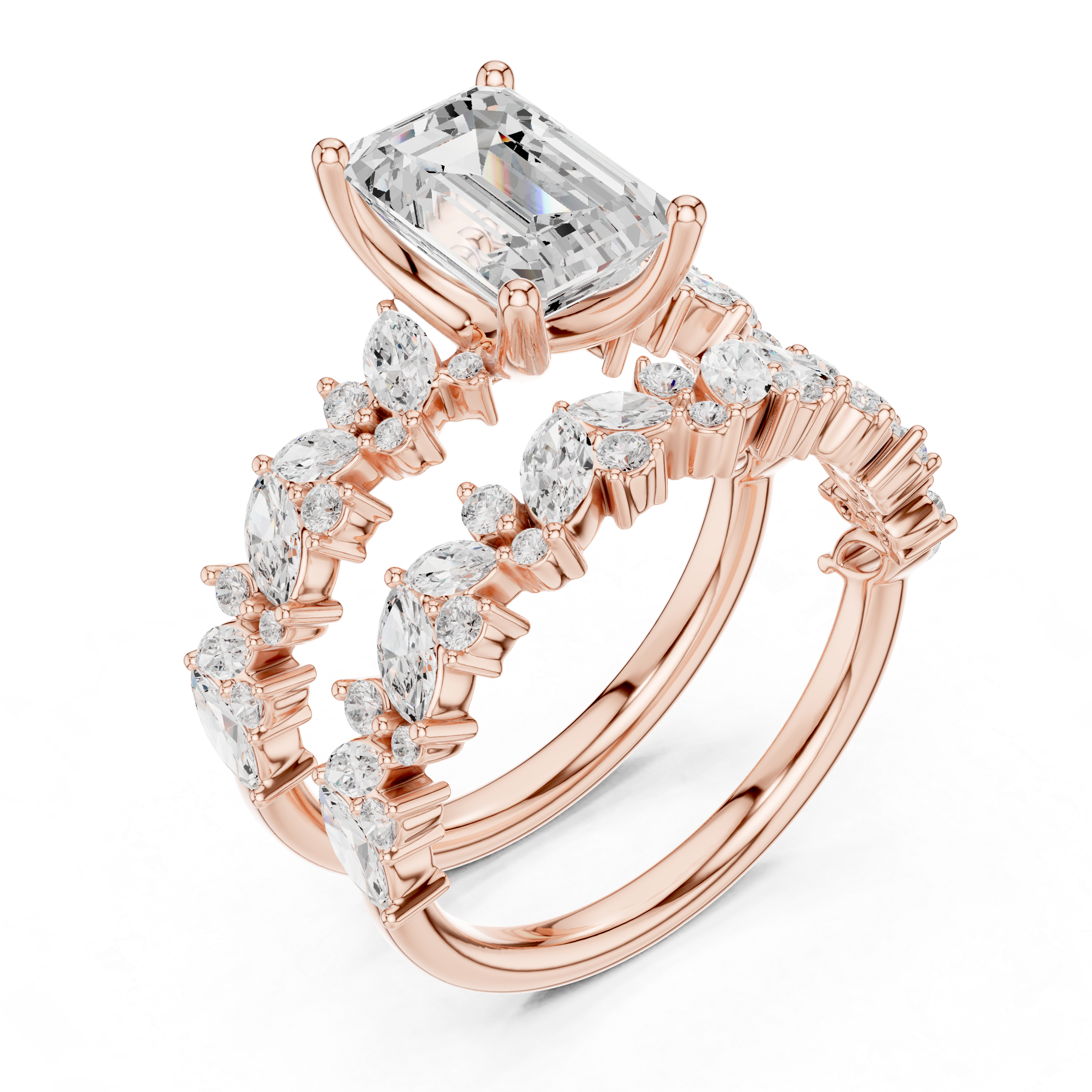 Emerald Cut Bridal Ring Set with Marquise Diamond Bands