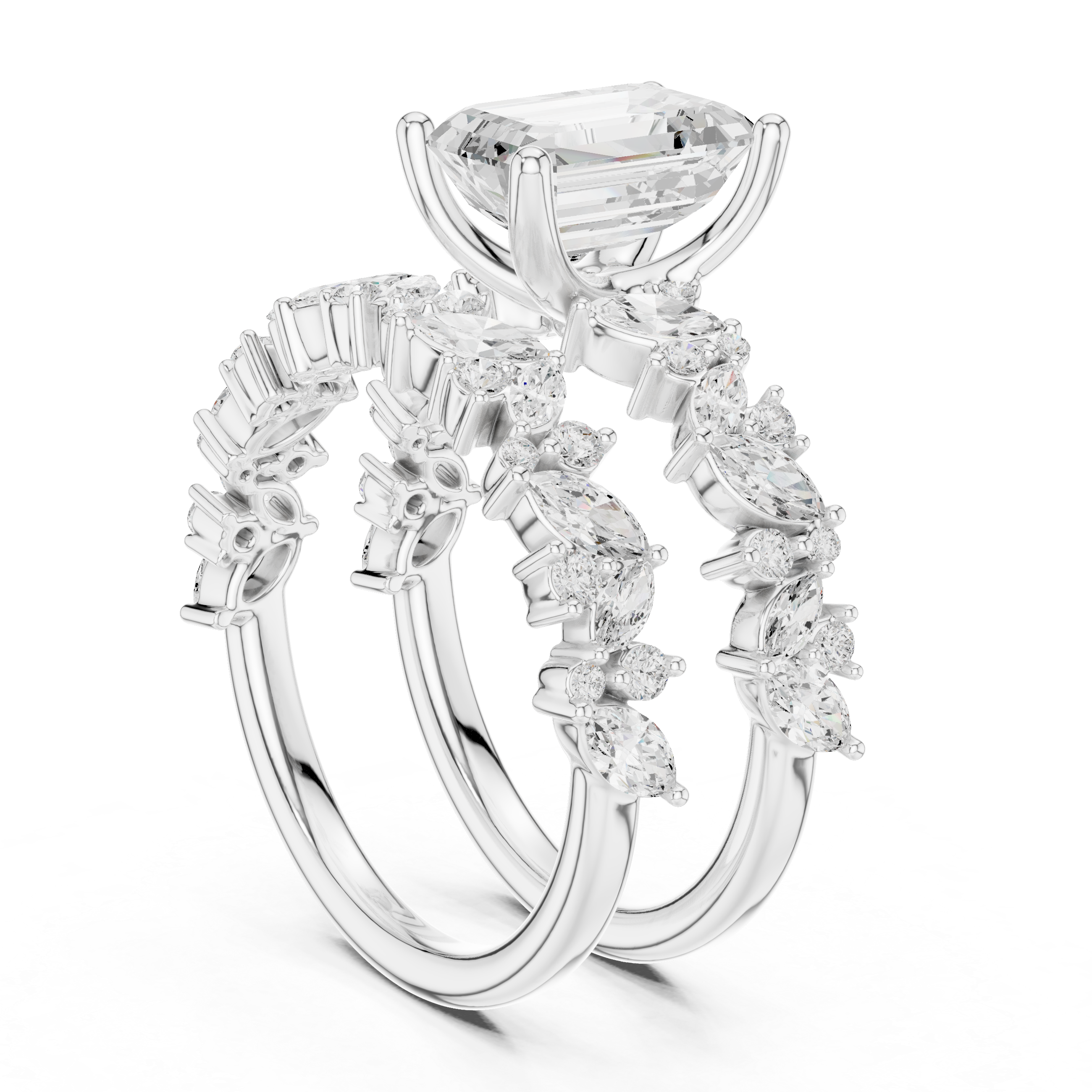 Emerald Cut Bridal Ring Set with Marquise Diamond Bands
