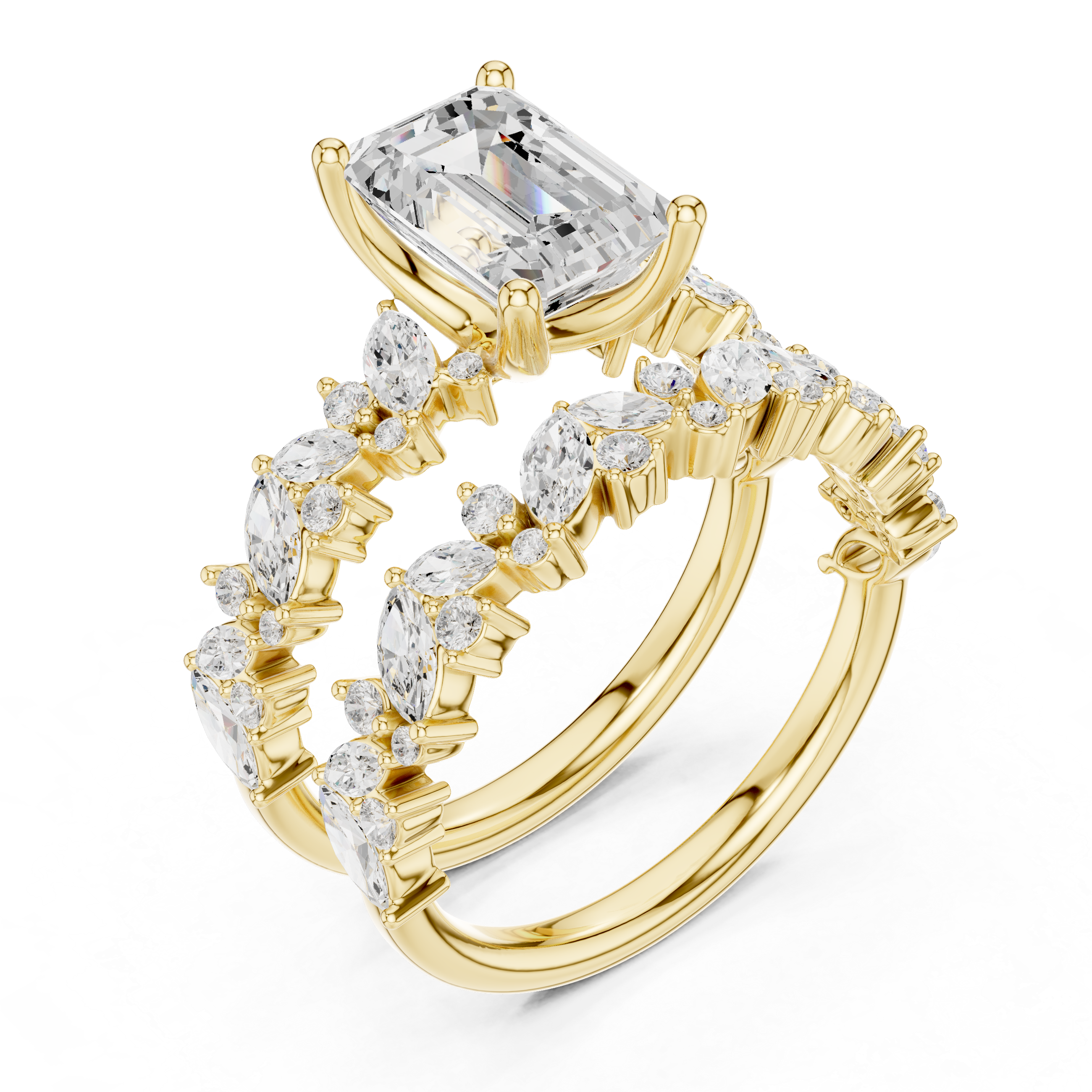 Emerald Cut Bridal Ring Set with Marquise Diamond Bands