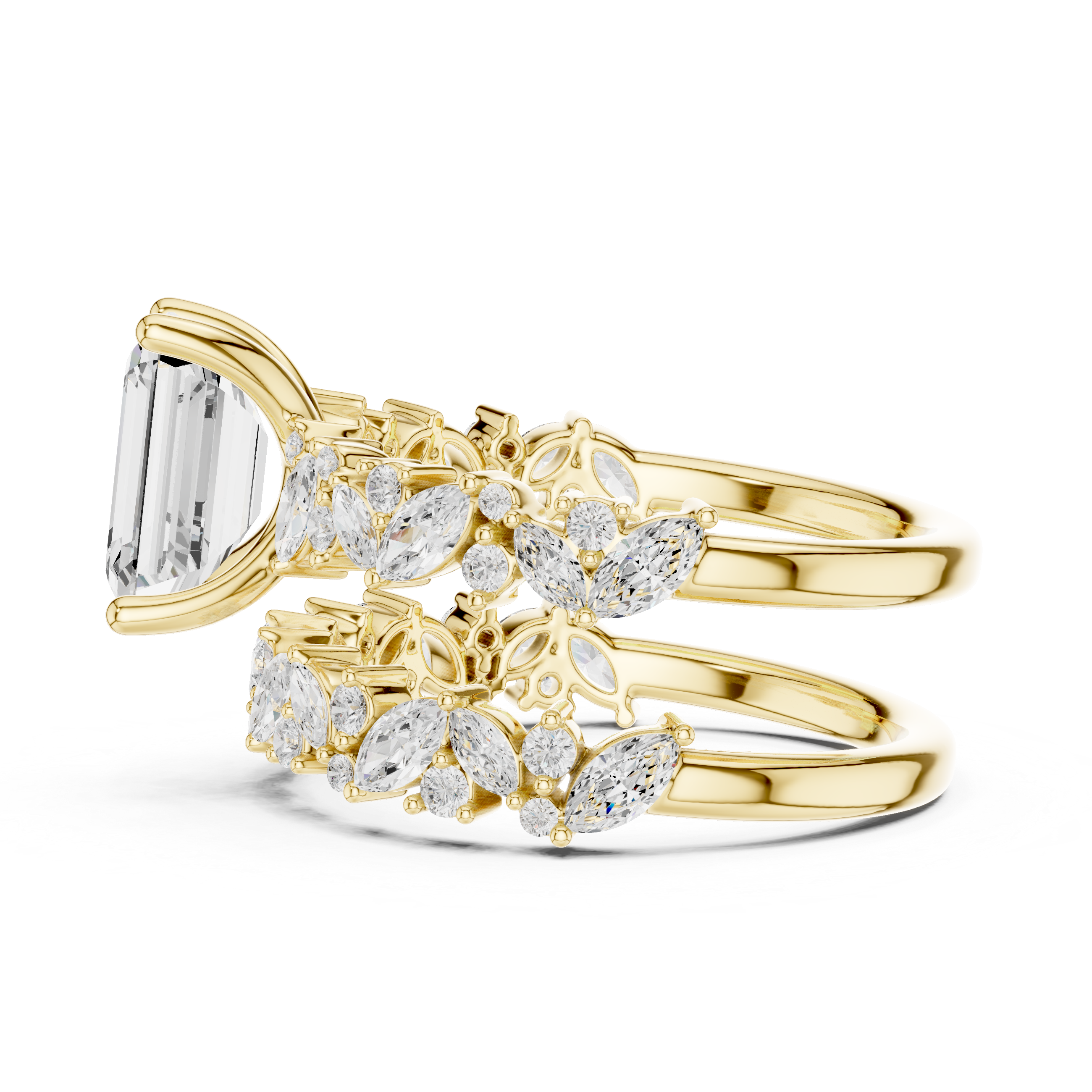 Emerald Cut Bridal Ring Set with Marquise Diamond Bands