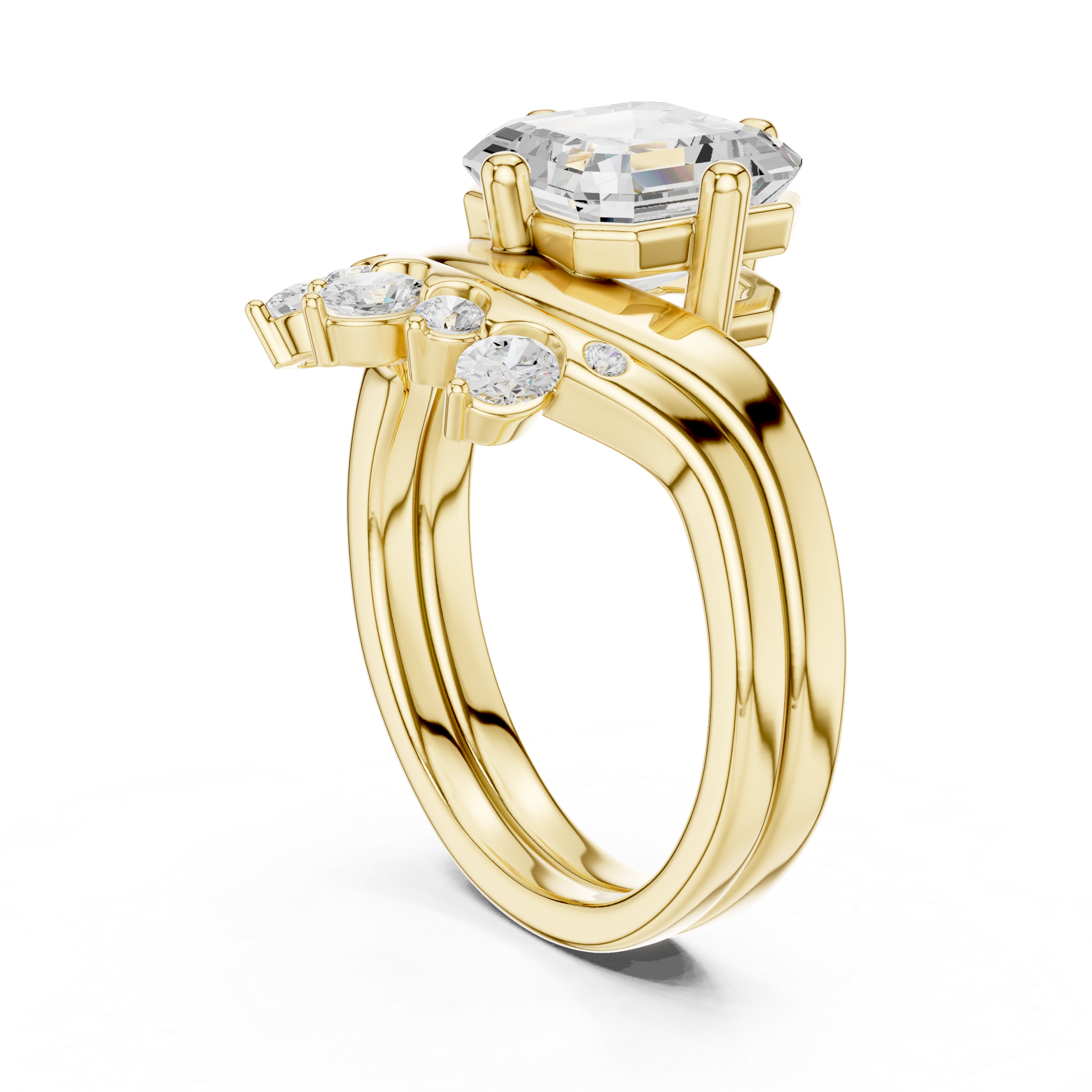 Asscher Cut Curved Bridal Ring Set with Diamond Crown Wedding Band