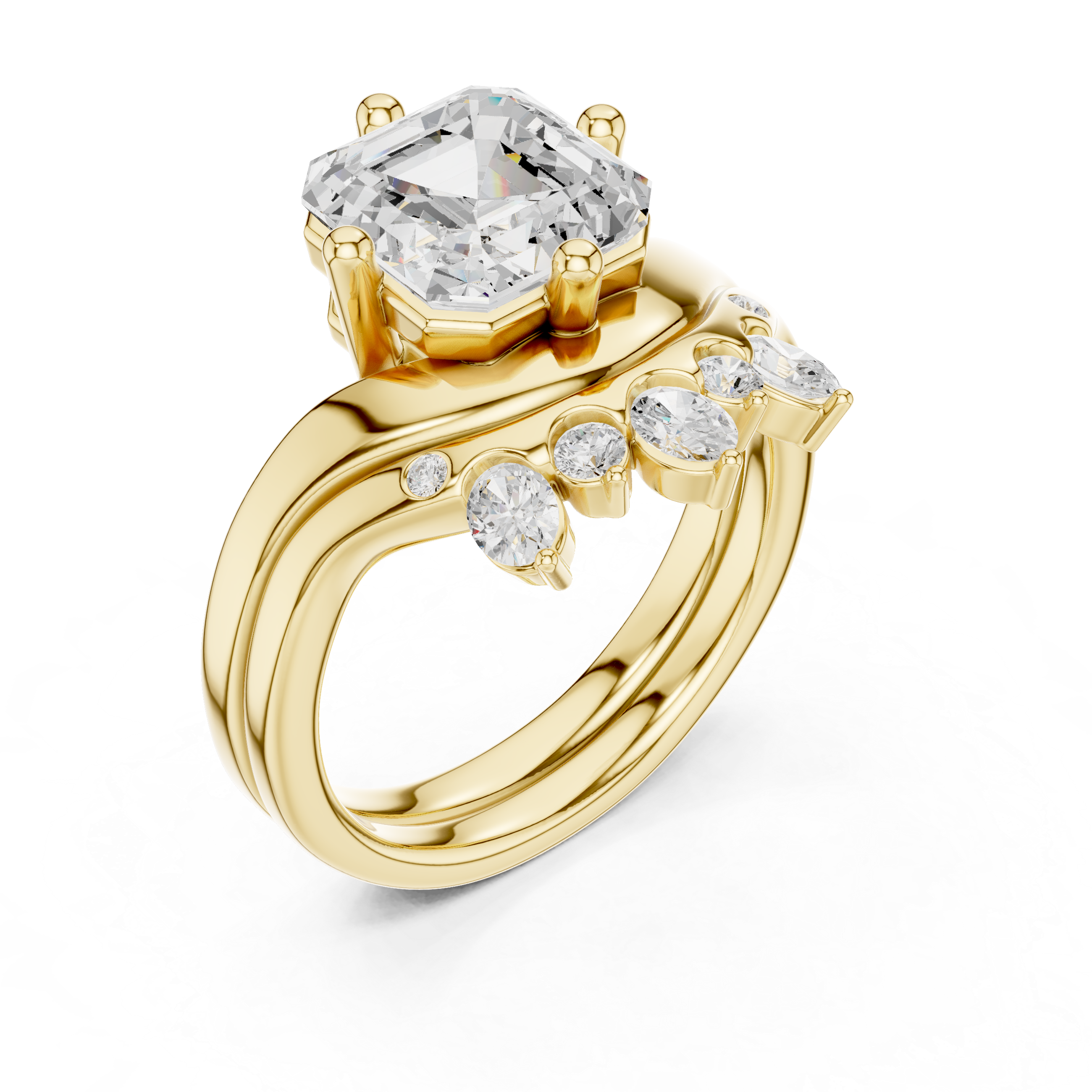 Asscher Cut Curved Bridal Ring Set with Diamond Crown Wedding Band