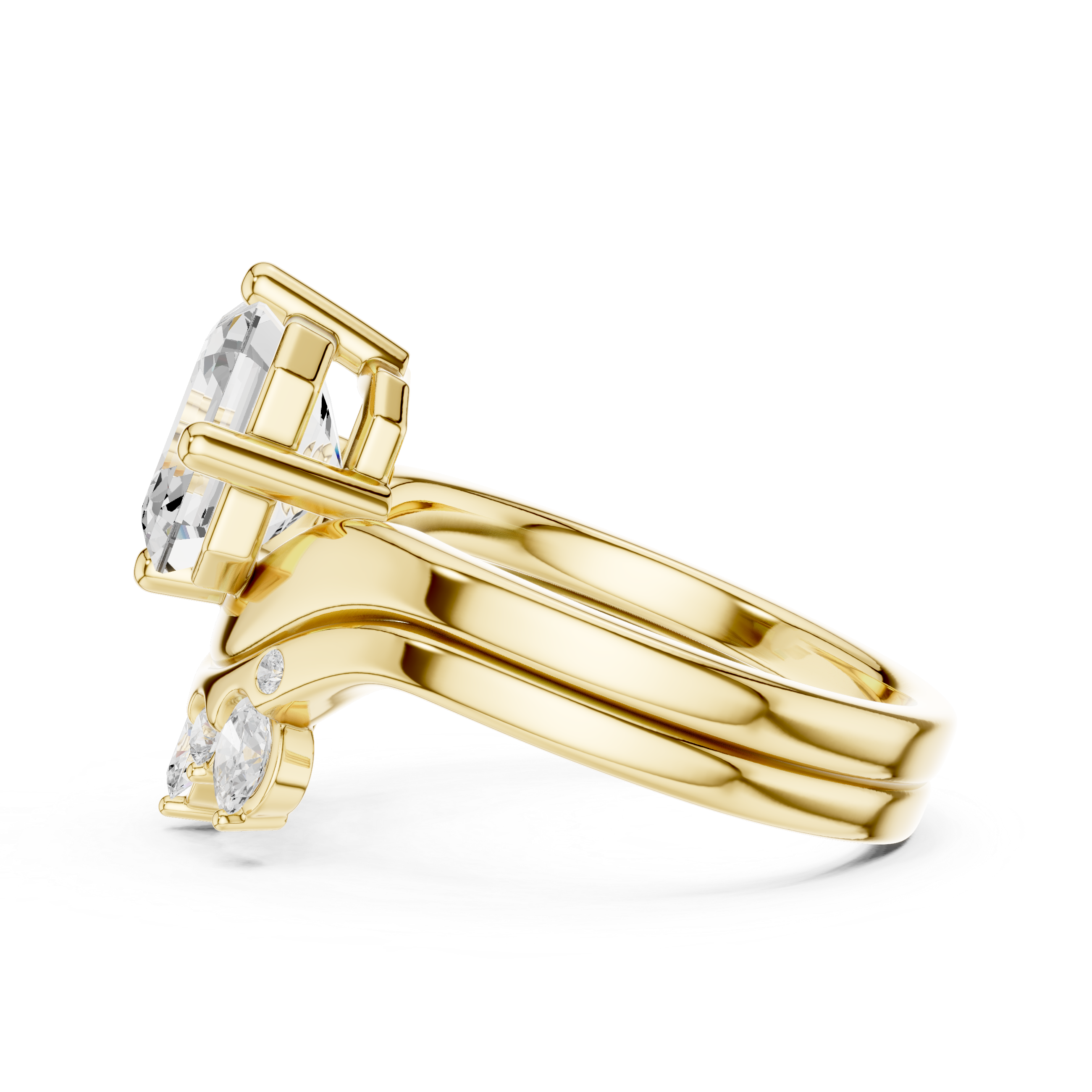 Asscher Cut Curved Bridal Ring Set with Diamond Crown Wedding Band