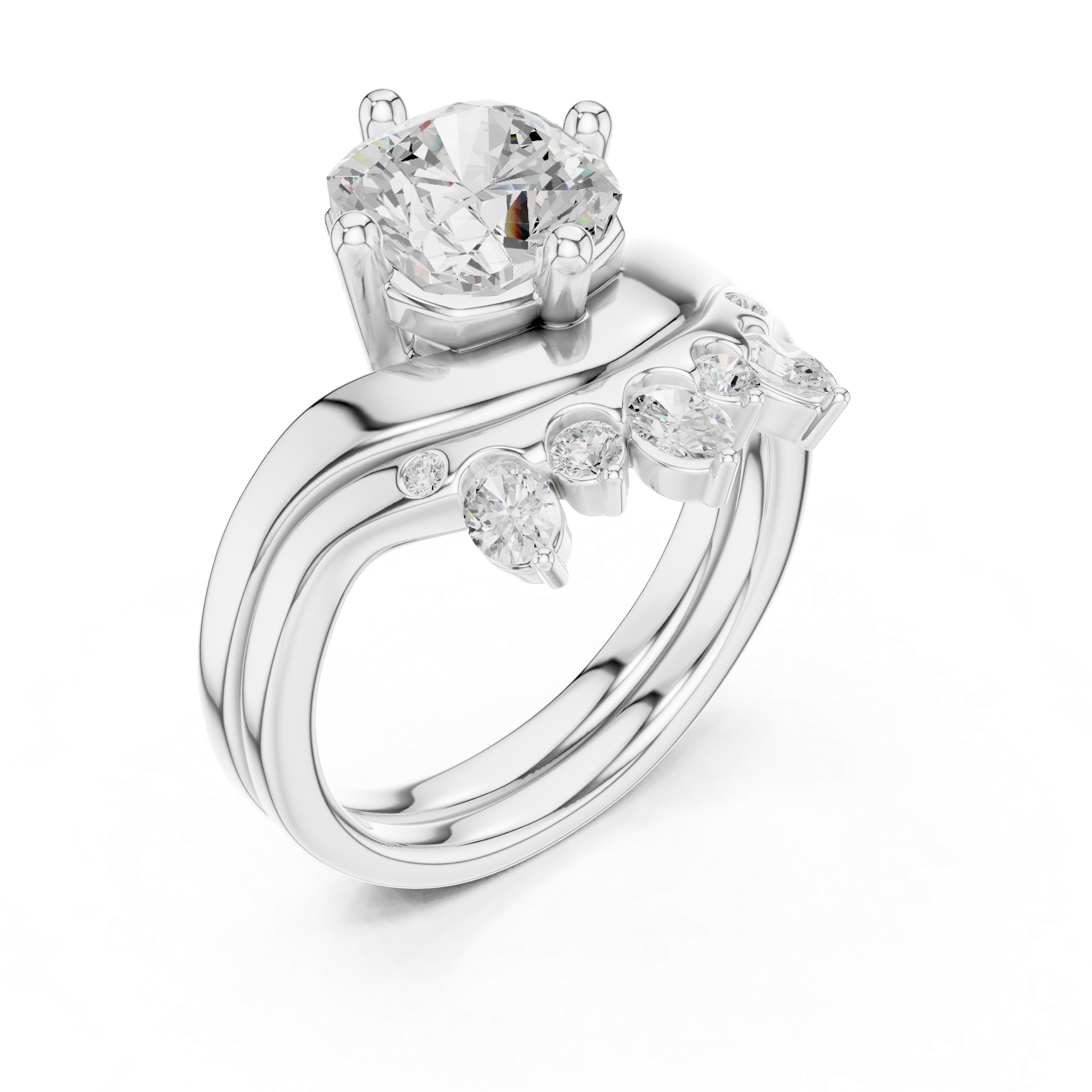 Cushion Cut Curved Bridal Ring Set with Diamond Crown Wedding Band