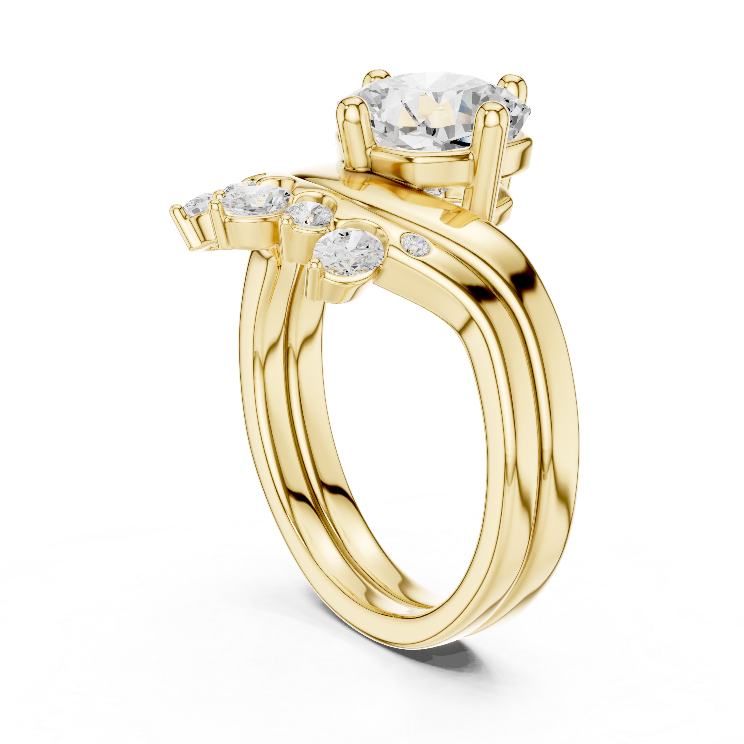 Cushion Cut Curved Bridal Ring Set with Diamond Crown Wedding Band