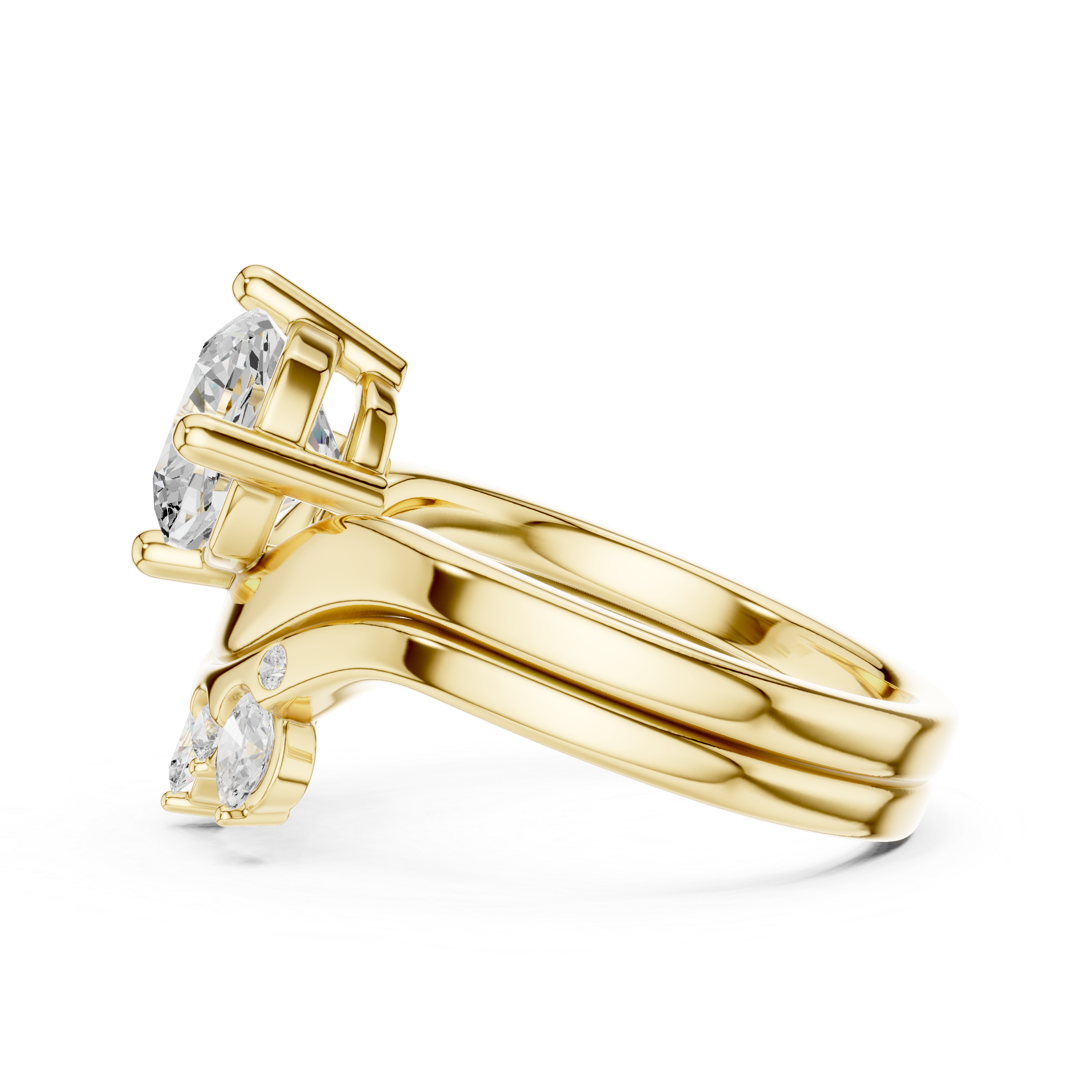 Cushion Cut Curved Bridal Ring Set with Diamond Crown Wedding Band