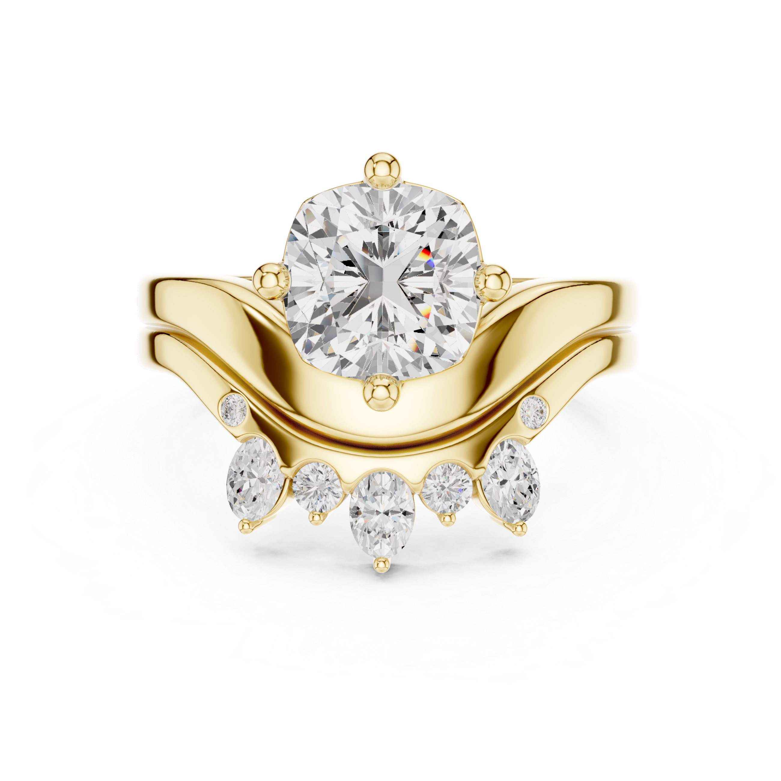 Cushion Cut Curved Bridal Ring Set with Diamond Crown Wedding Band