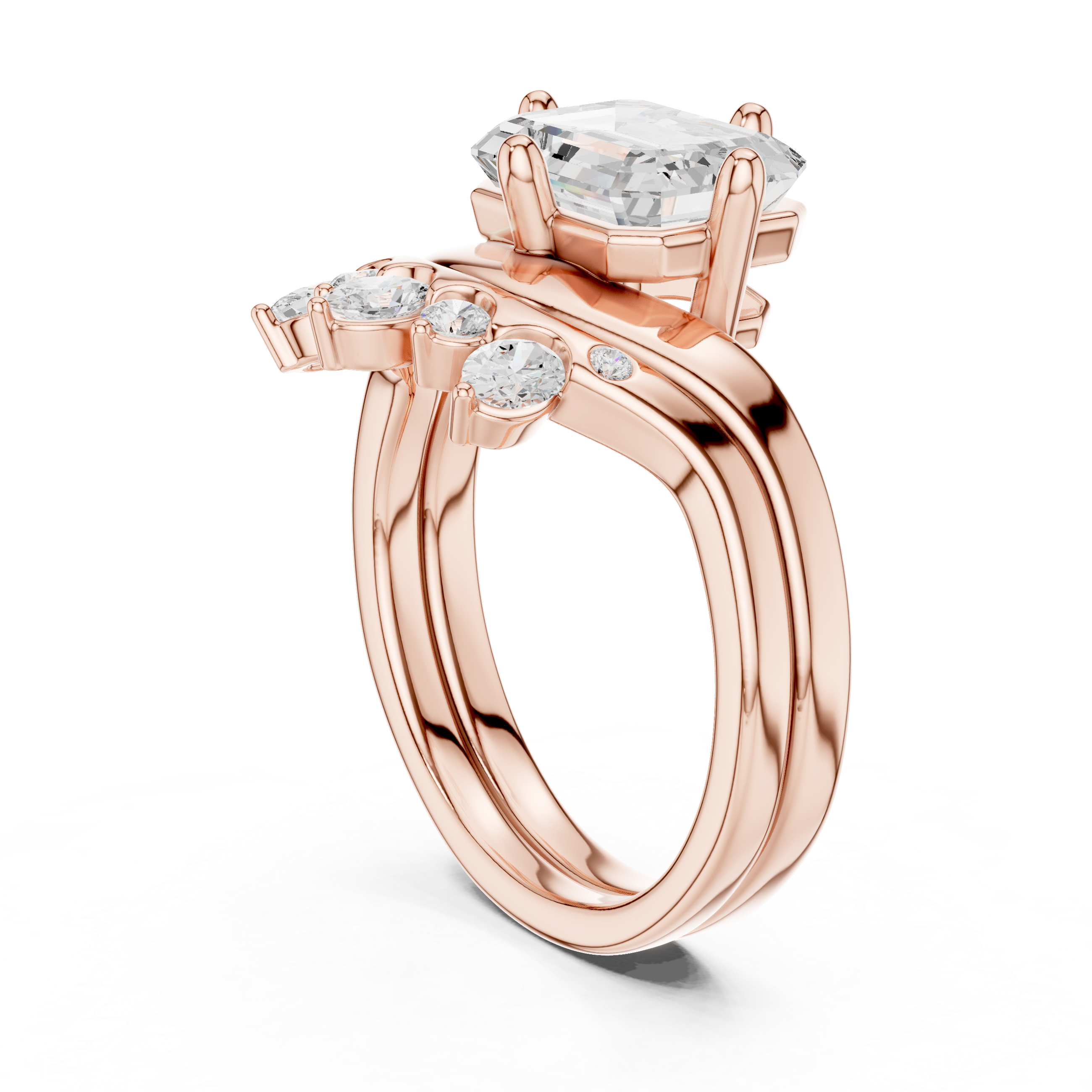 Emerald Cut Curved Bridal Ring Set with Diamond Crown Wedding Band