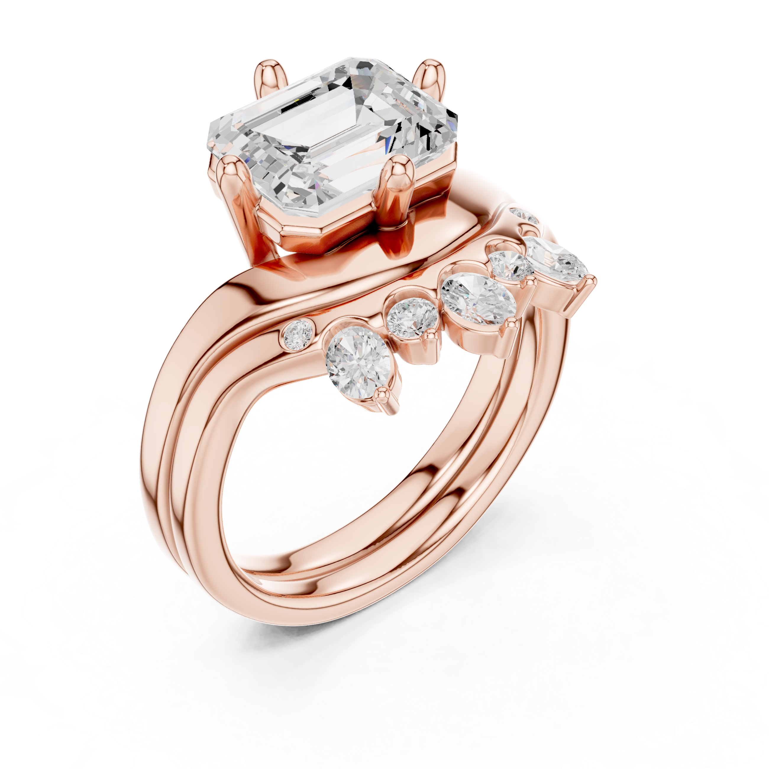 Emerald Cut Curved Bridal Ring Set with Diamond Crown Wedding Band