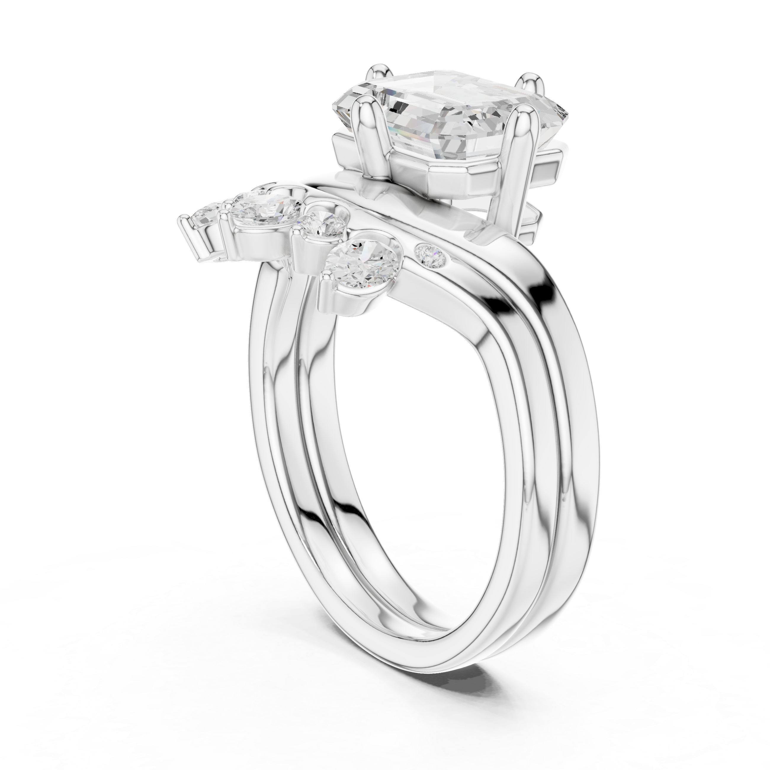 Emerald Cut Curved Bridal Ring Set with Diamond Crown Wedding Band