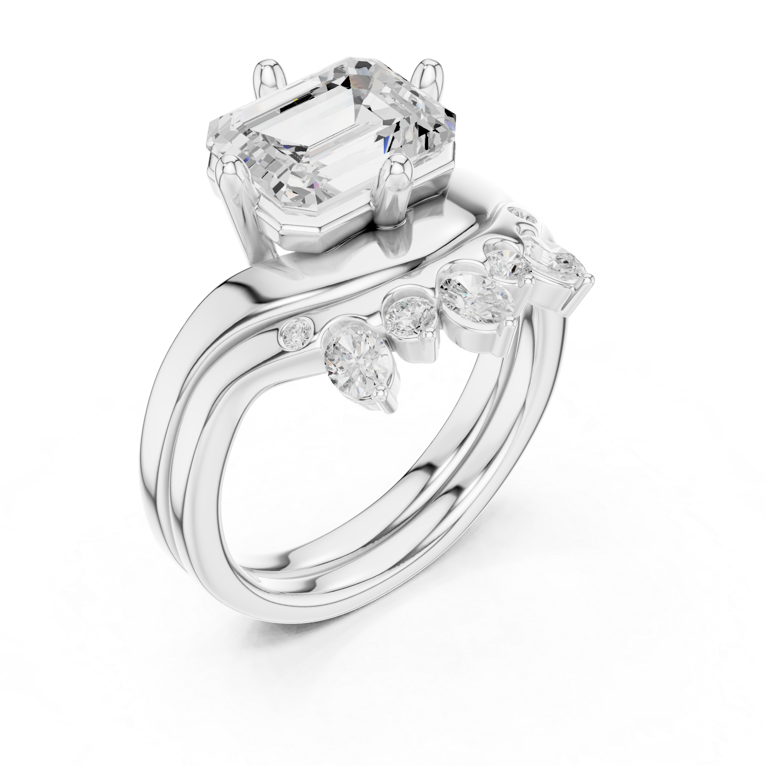 Emerald Cut Curved Bridal Ring Set with Diamond Crown Wedding Band