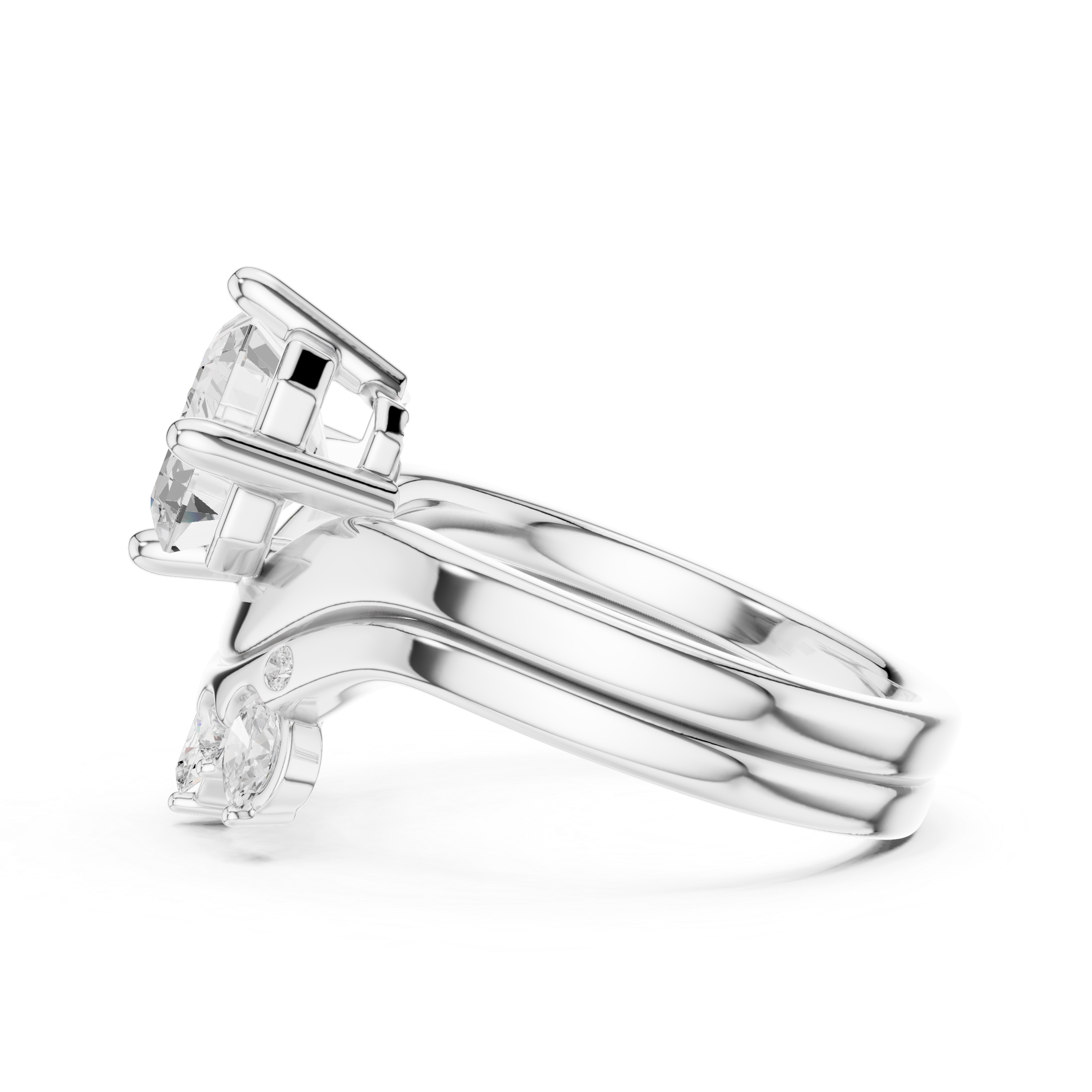Emerald Cut Curved Bridal Ring Set with Diamond Crown Wedding Band