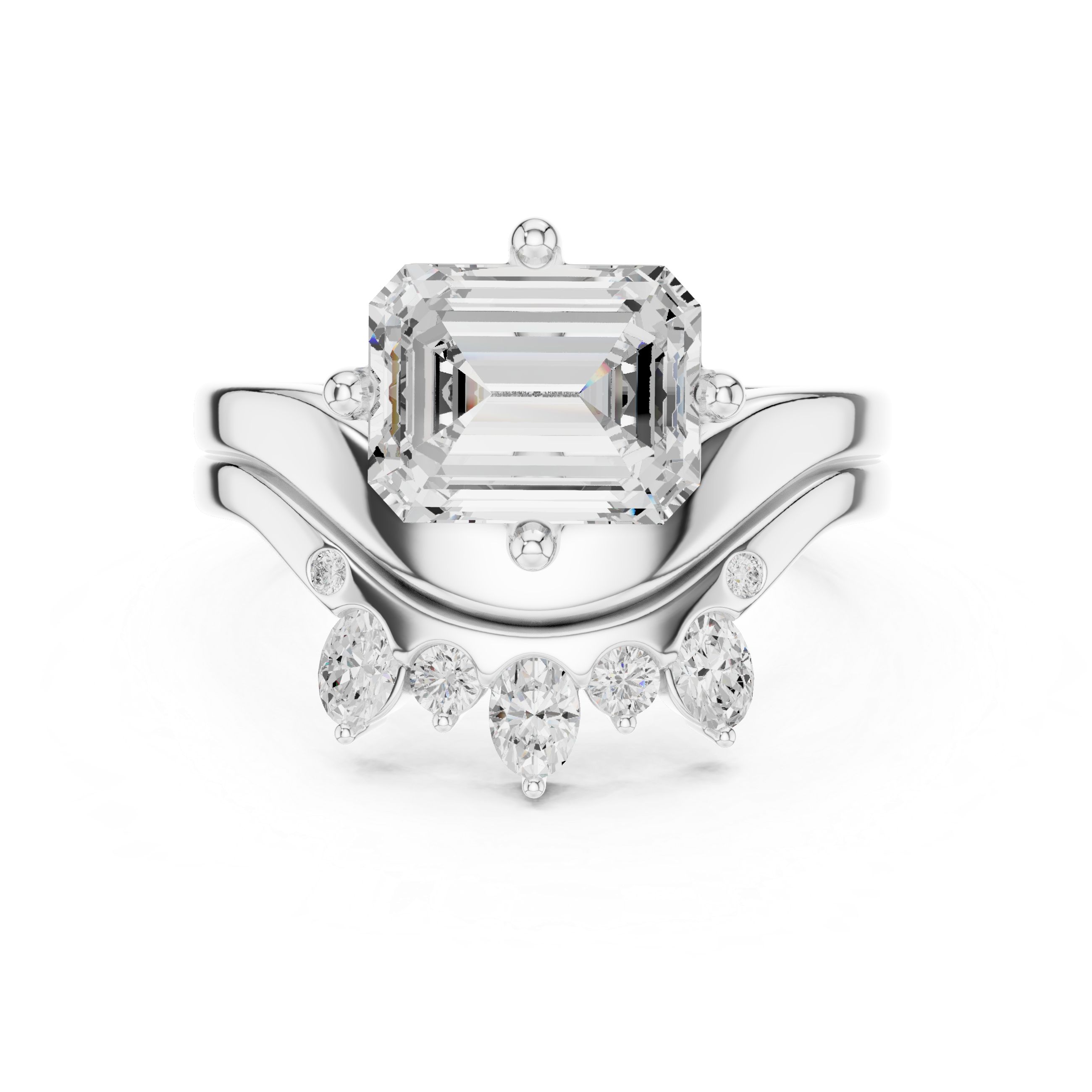 Emerald Cut Curved Bridal Ring Set with Diamond Crown Wedding Band