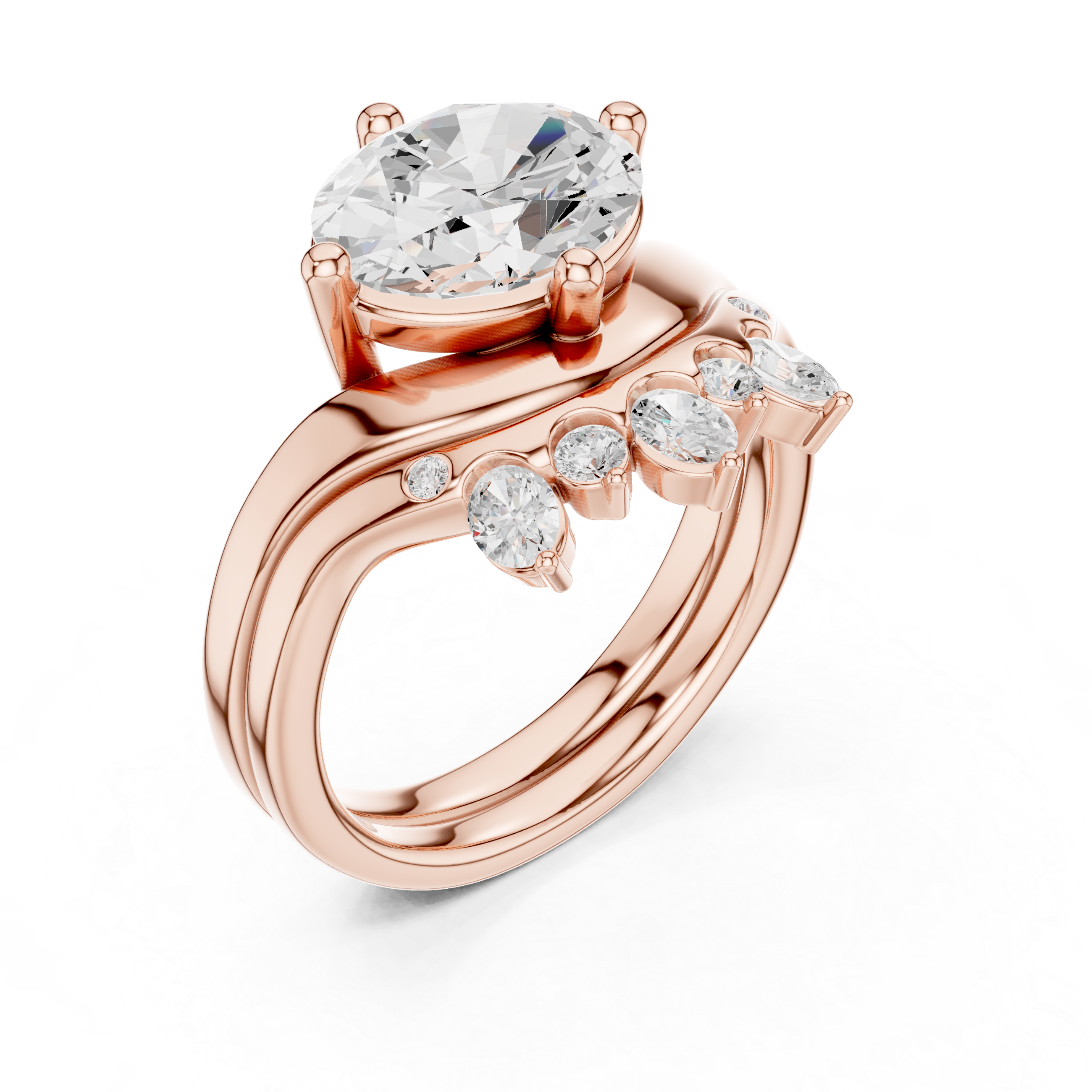 Oval Cut Curved Bridal Ring Set with Diamond Crown Wedding Band