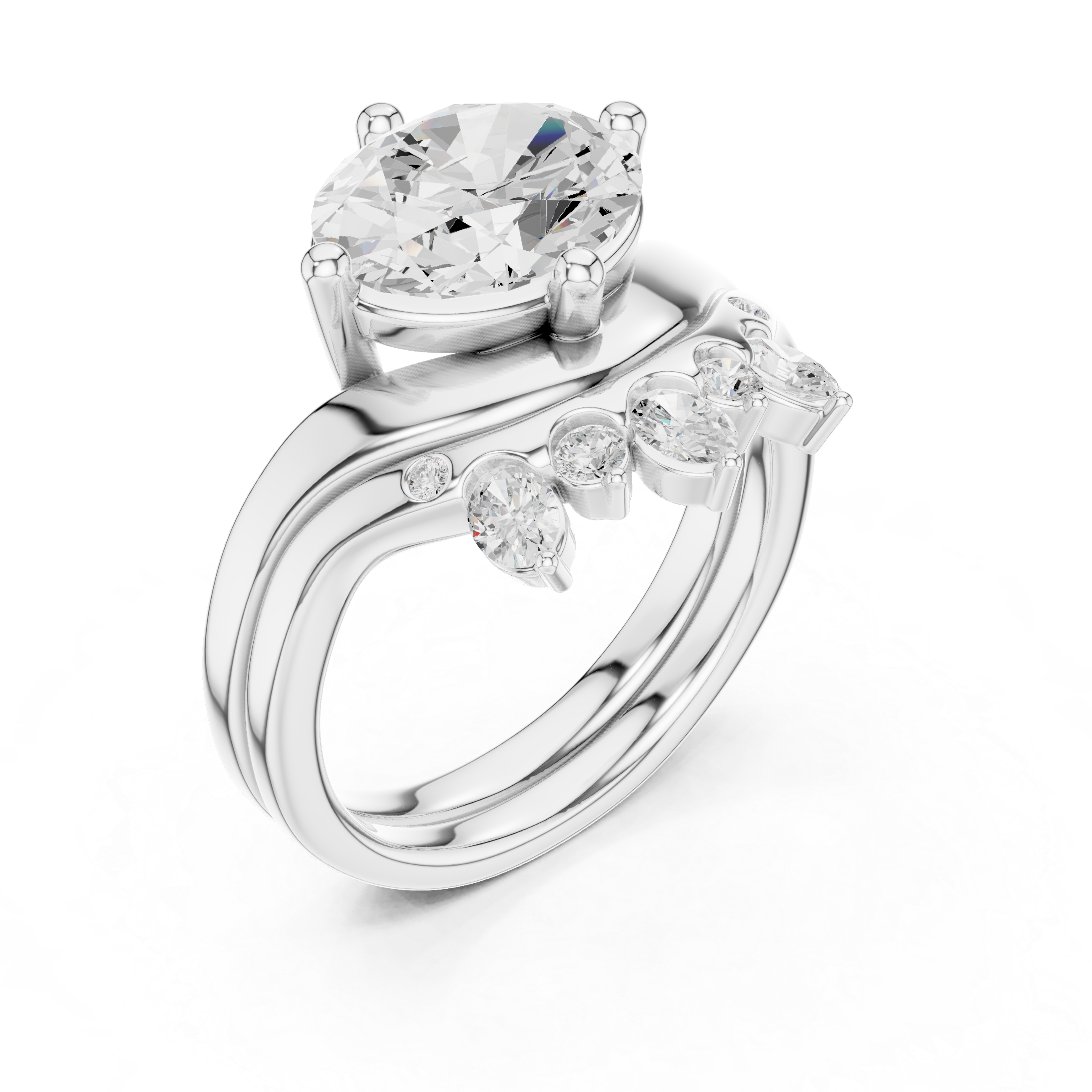 Oval Cut Curved Bridal Ring Set with Diamond Crown Wedding Band