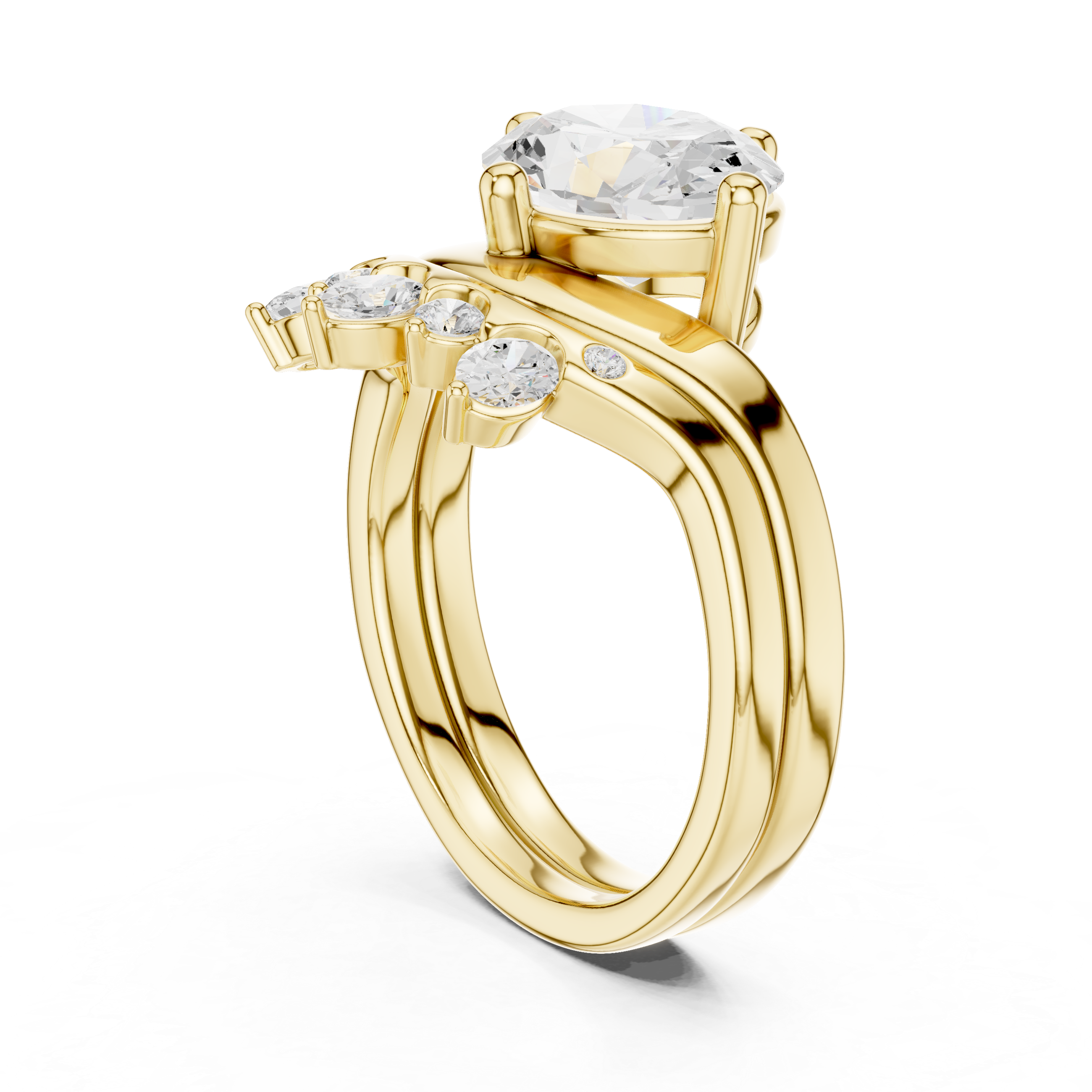 Oval Cut Curved Bridal Ring Set with Diamond Crown Wedding Band