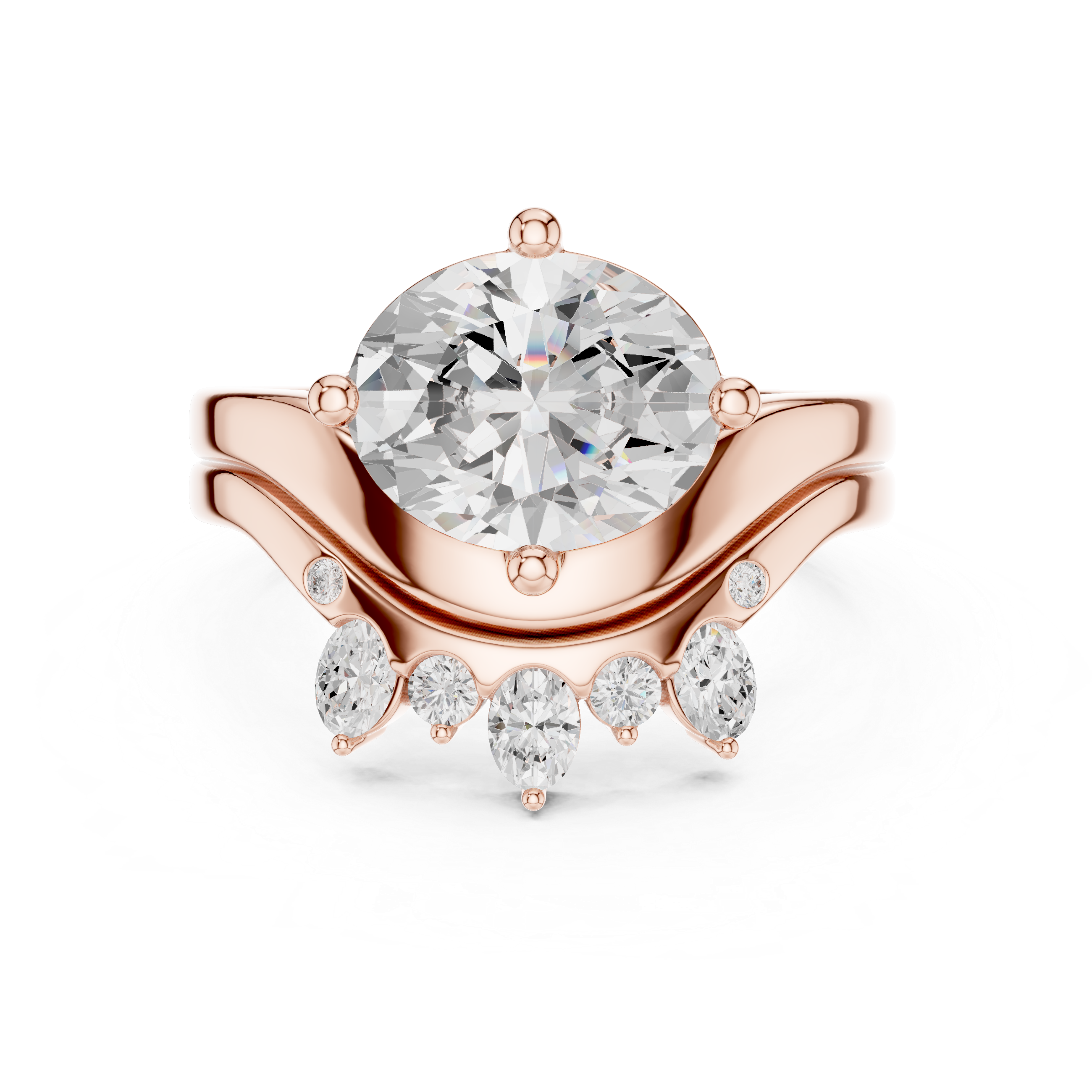Oval Cut Curved Bridal Ring Set with Diamond Crown Wedding Band
