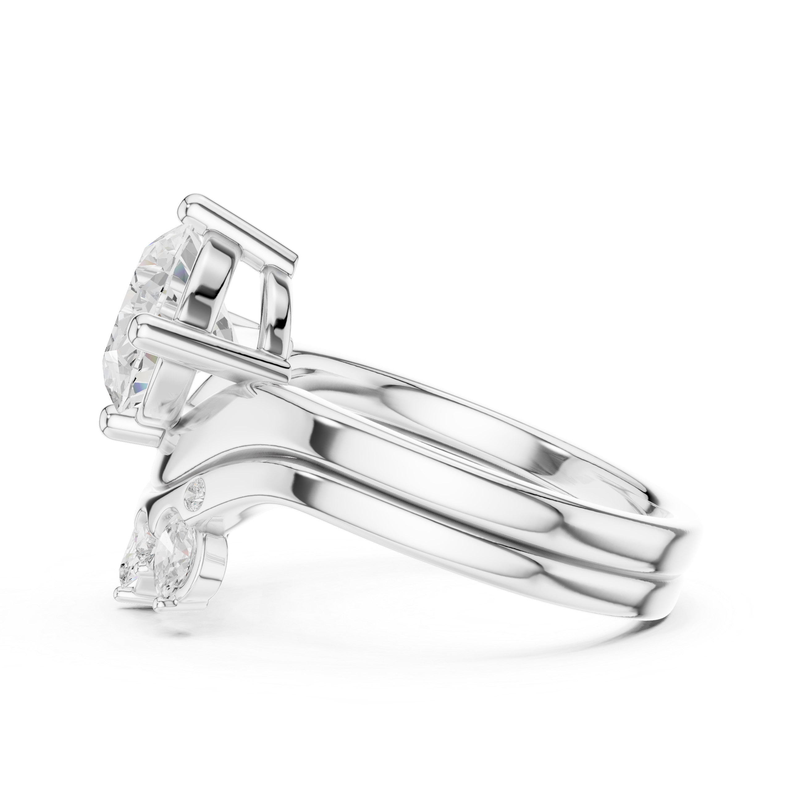 Oval Cut Curved Bridal Ring Set with Diamond Crown Wedding Band