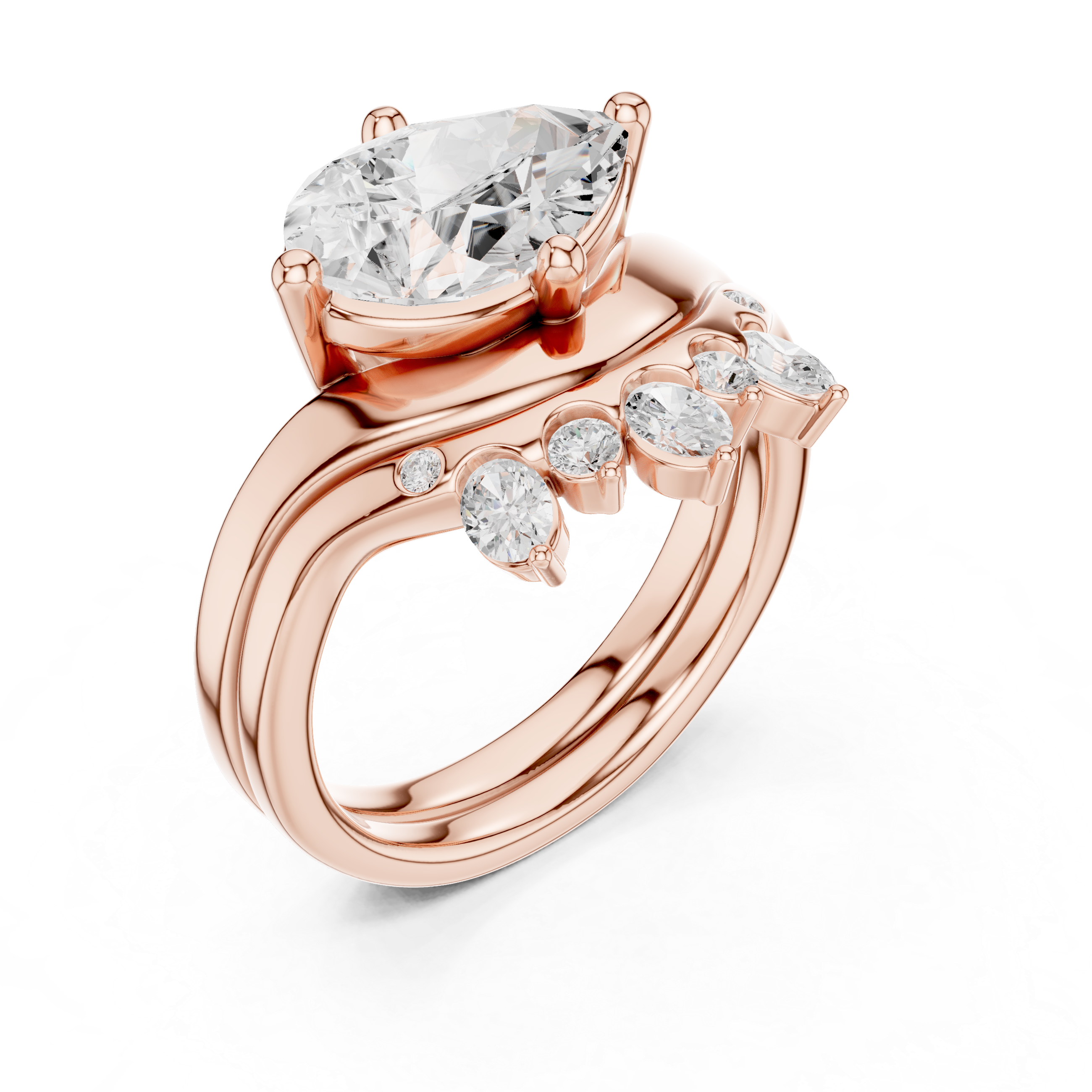 Pear Cut Curved Bridal Ring Set with Crown-Inspired Diamond Wedding Band