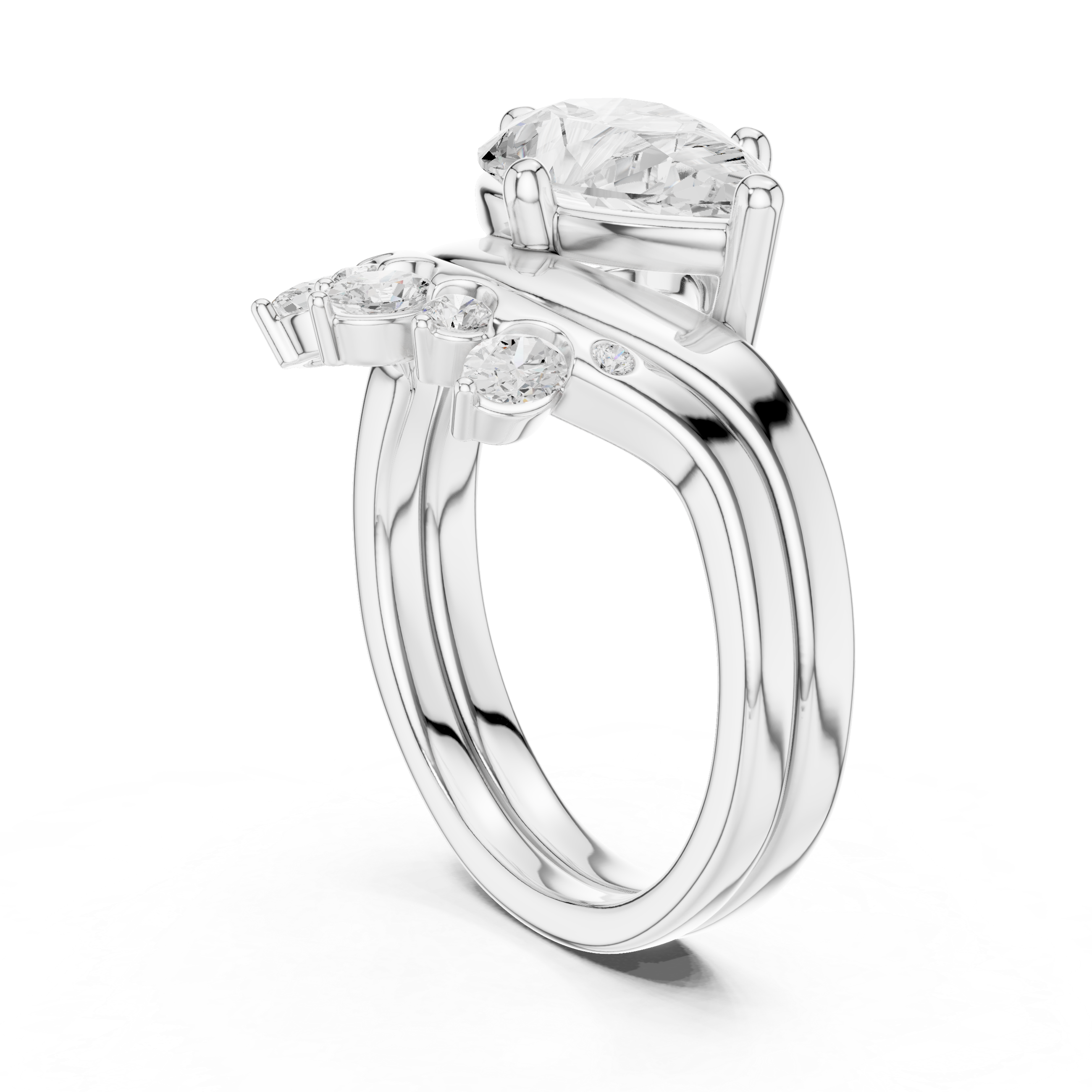 Pear Cut Curved Bridal Ring Set with Crown-Inspired Diamond Wedding Band