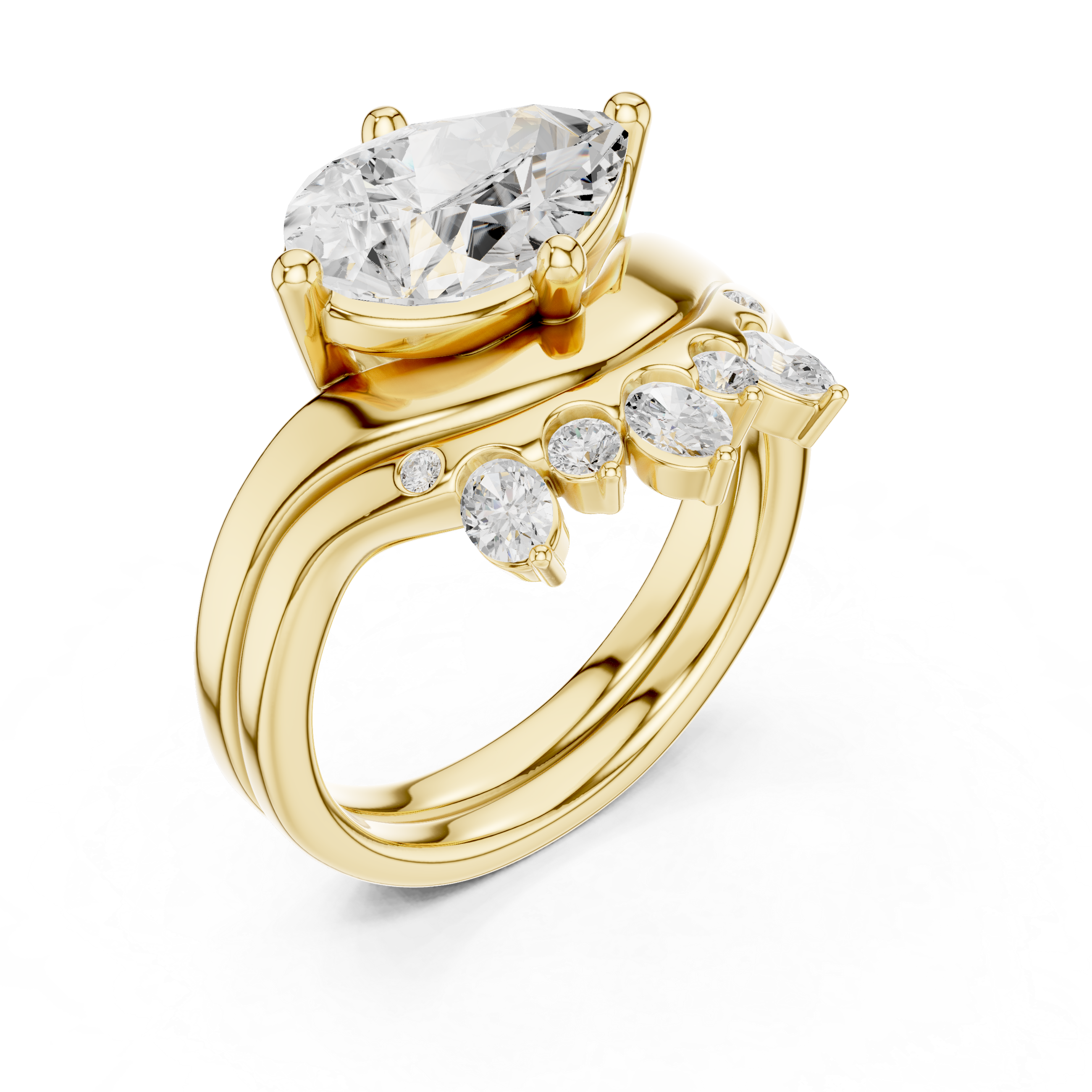 Pear Cut Curved Bridal Ring Set with Crown-Inspired Diamond Wedding Band