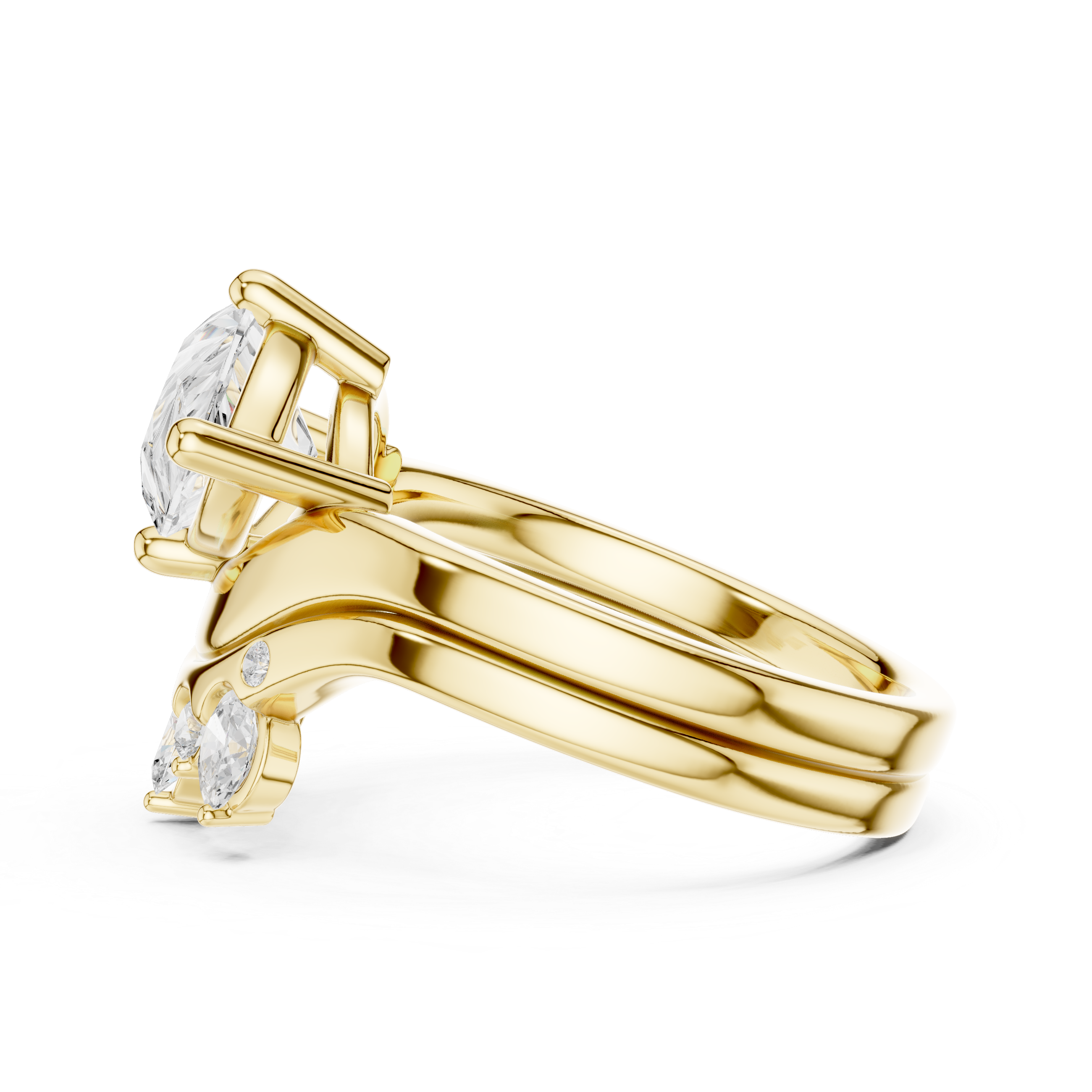 Pear Cut Curved Bridal Ring Set with Crown-Inspired Diamond Wedding Band