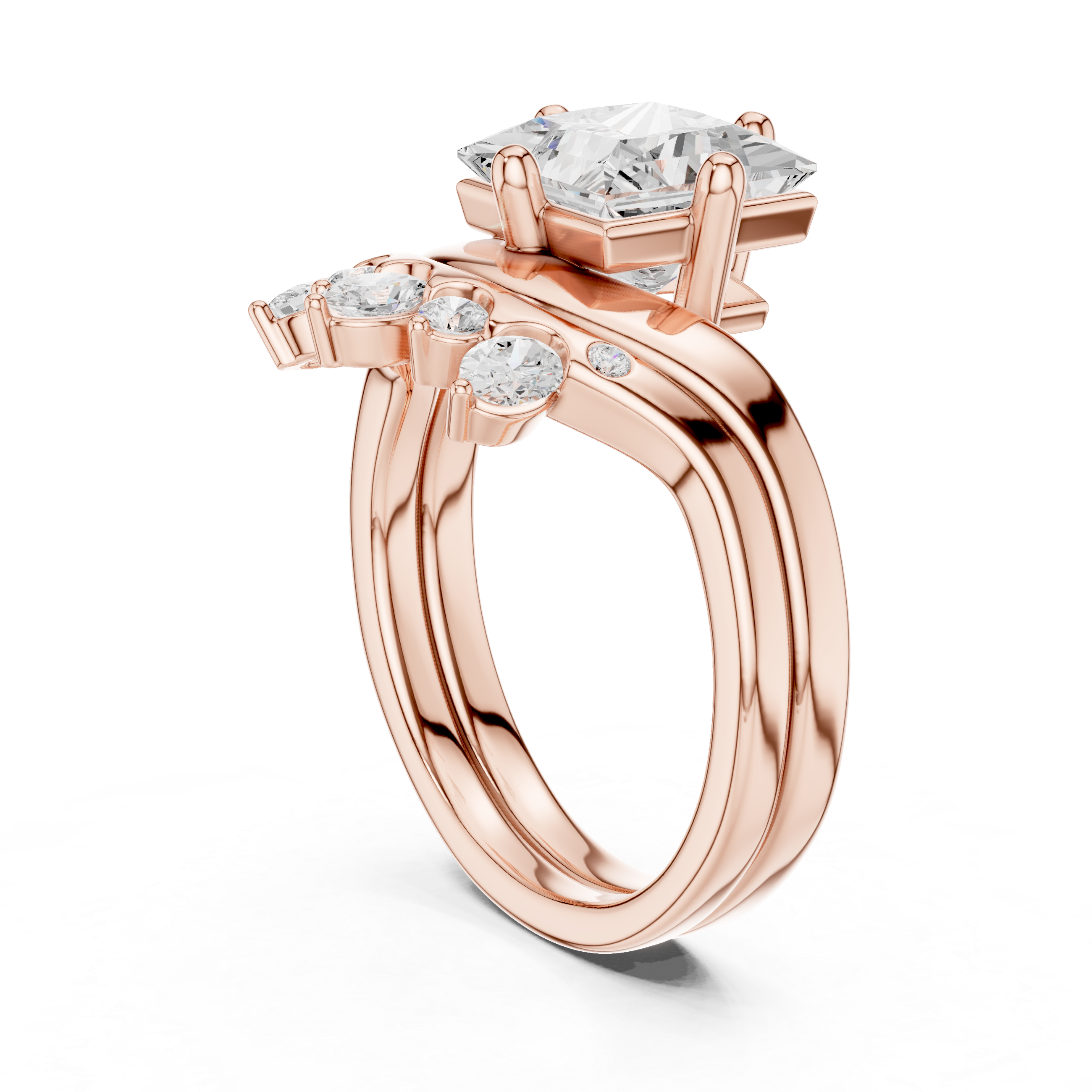 Princess Cut Curved Bridal Ring Set with Diamond Crown Wedding Band