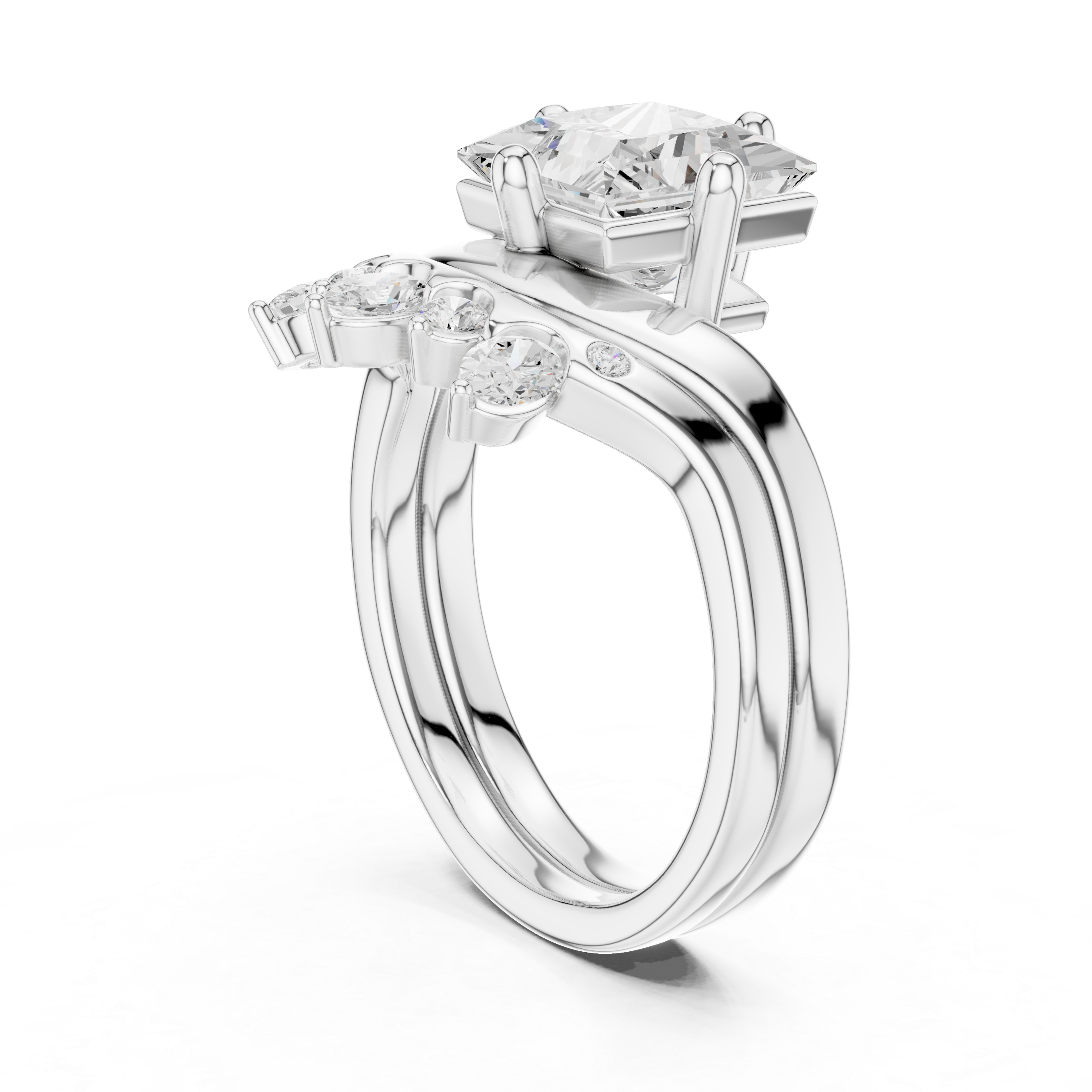 Princess Cut Curved Bridal Ring Set with Diamond Crown Wedding Band