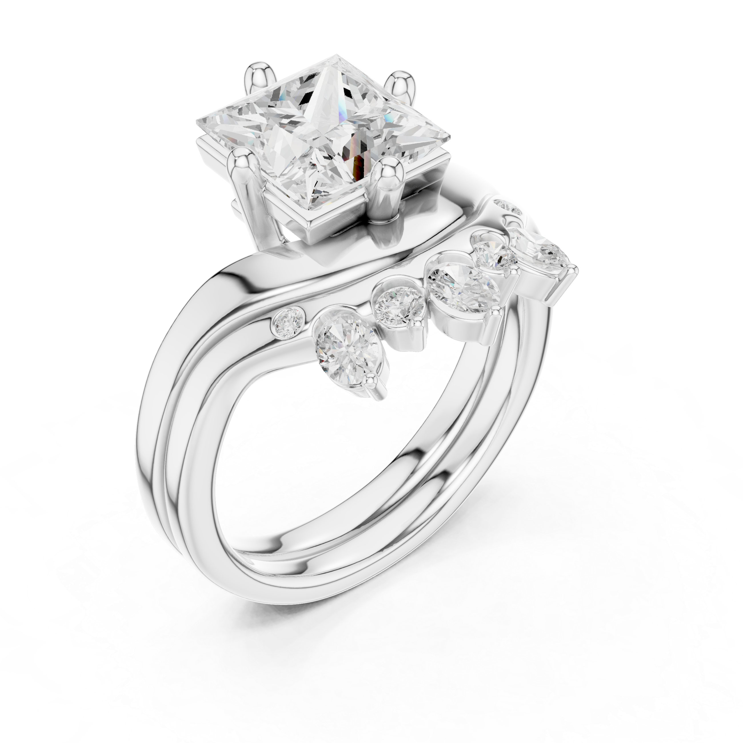 Princess Cut Curved Bridal Ring Set with Diamond Crown Wedding Band