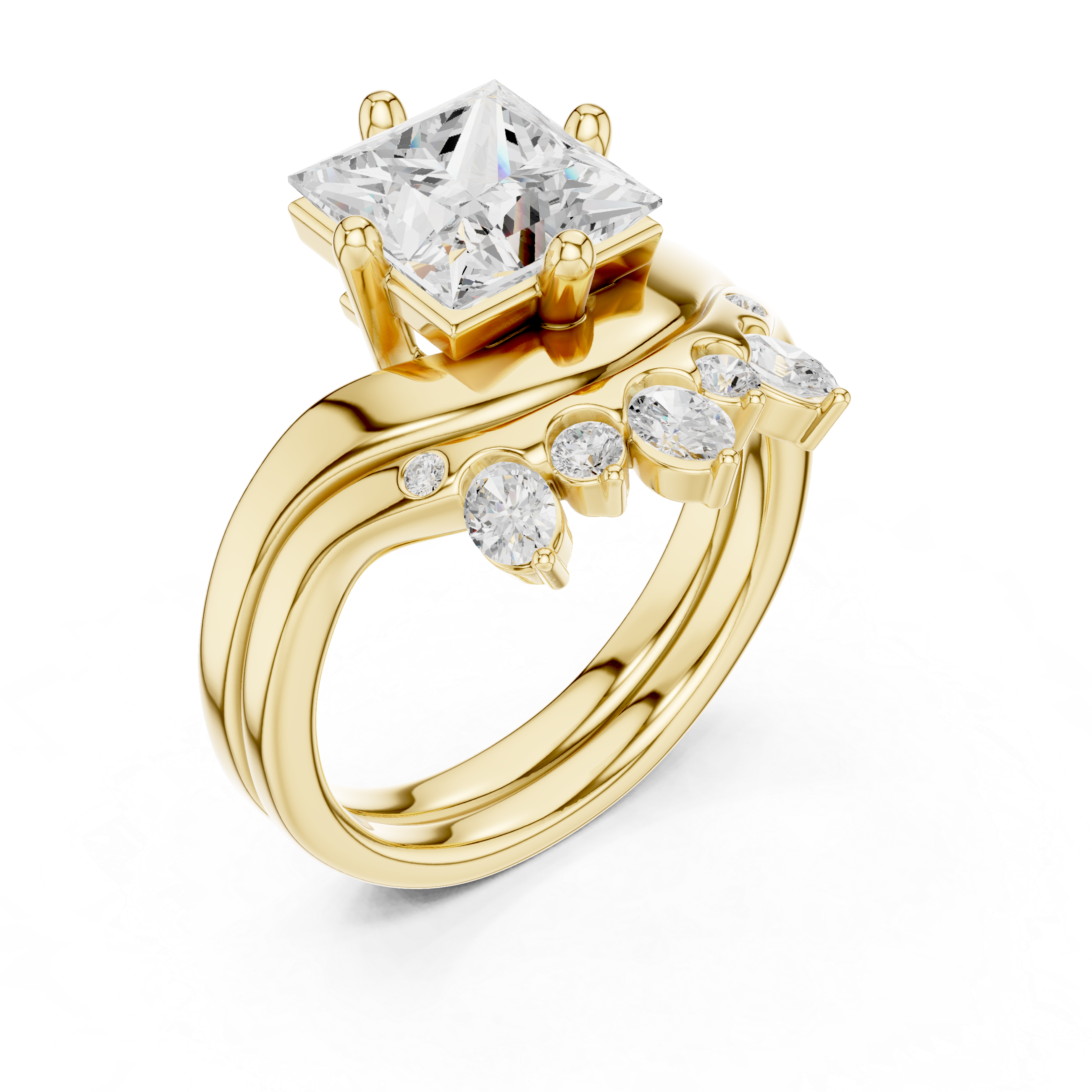 Princess Cut Curved Bridal Ring Set with Diamond Crown Wedding Band