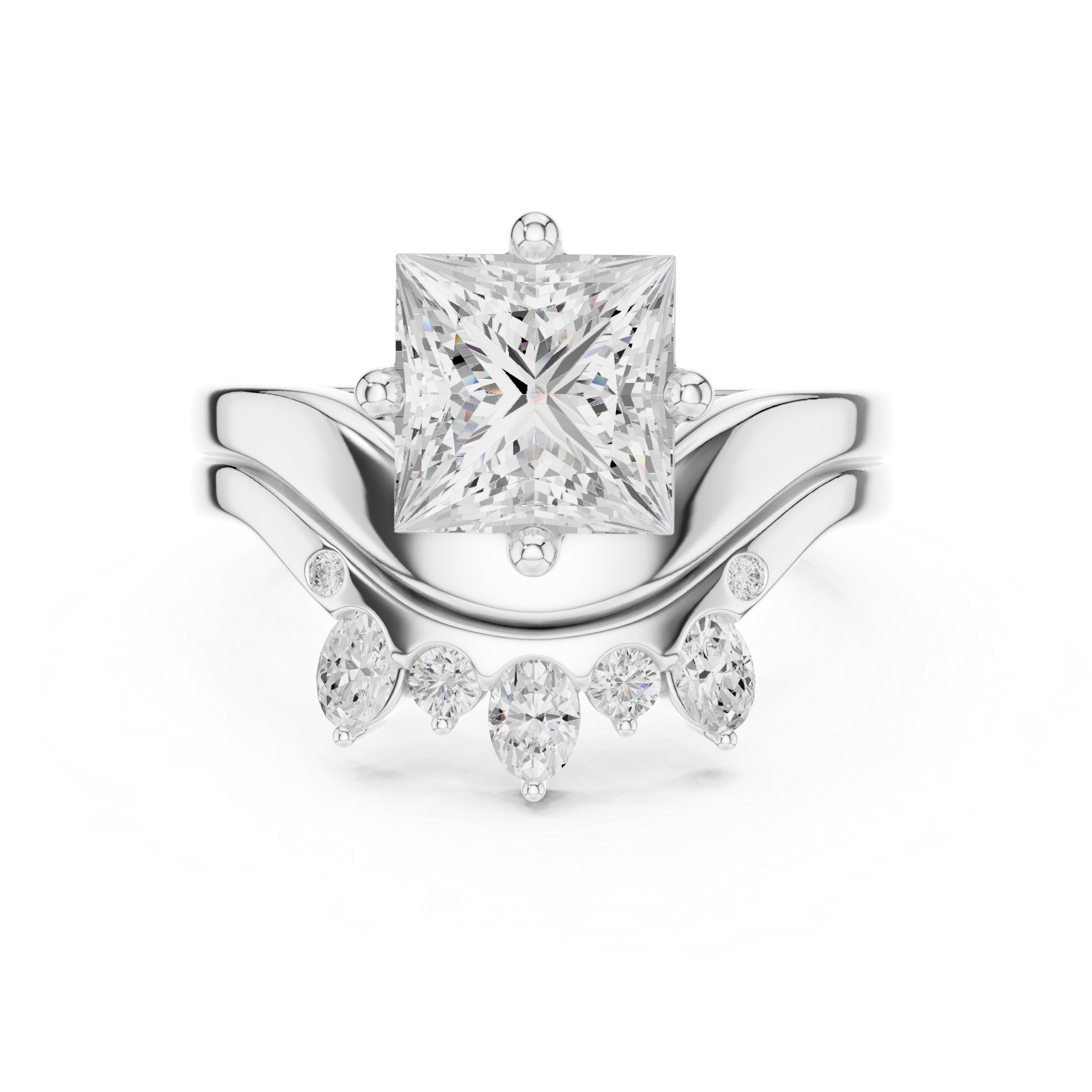 Princess Cut Curved Bridal Ring Set with Diamond Crown Wedding Band