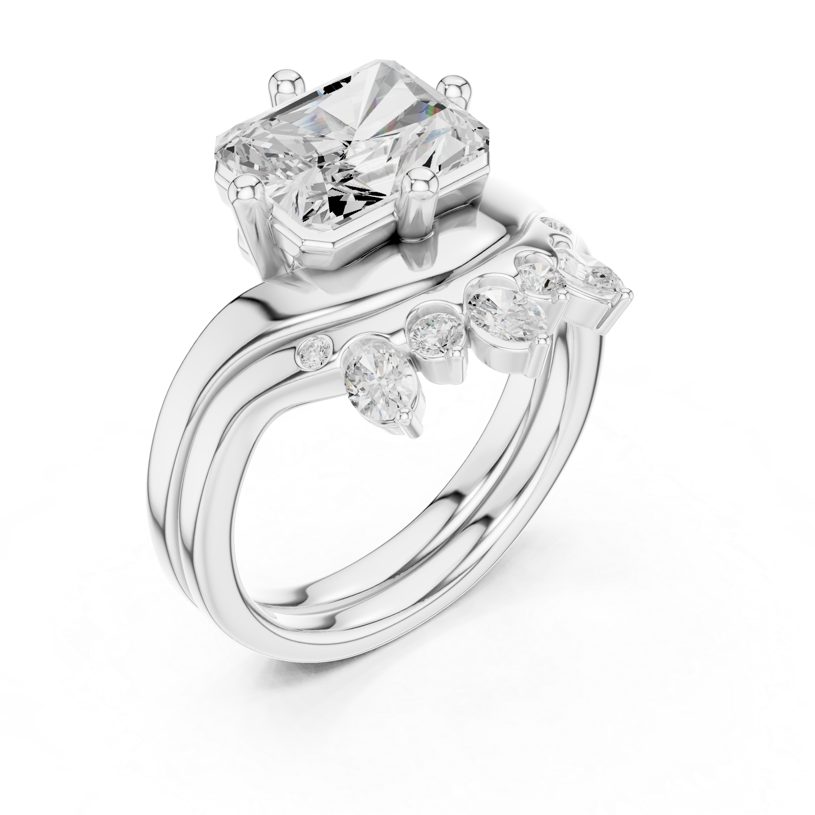 Radiant Cut Curved Bridal Ring Set with Crown-Inspired Diamond Wedding Band
