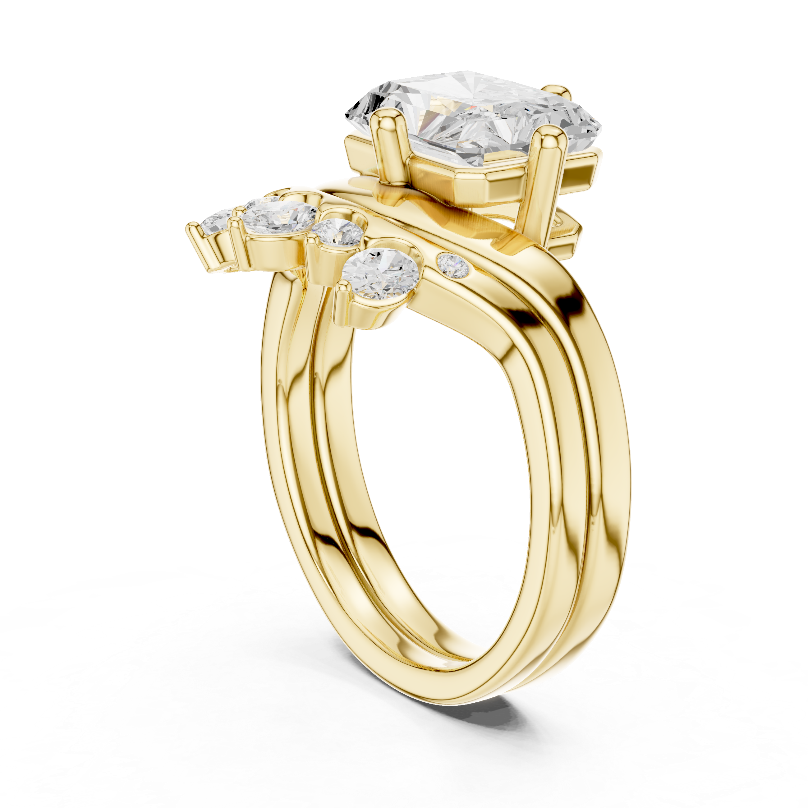 Radiant Cut Curved Bridal Ring Set with Crown-Inspired Diamond Wedding Band